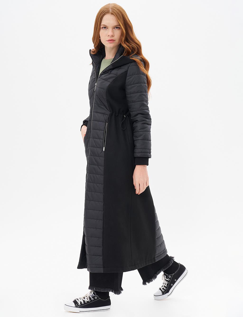 Waist Adjustable Hooded Detailed Coat Black