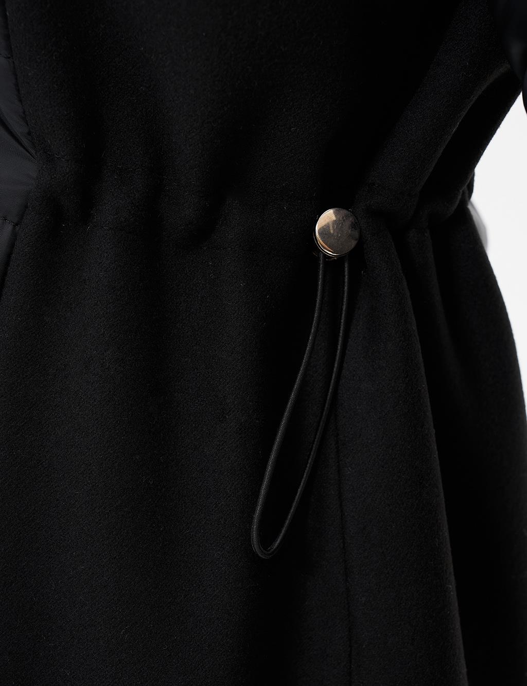 Waist Adjustable Hooded Detailed Coat Black