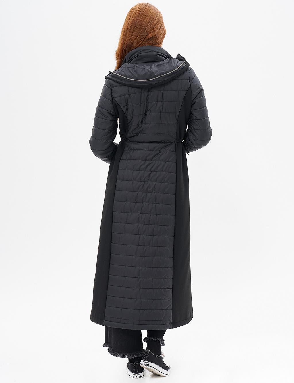 Waist Adjustable Hooded Detailed Coat Black