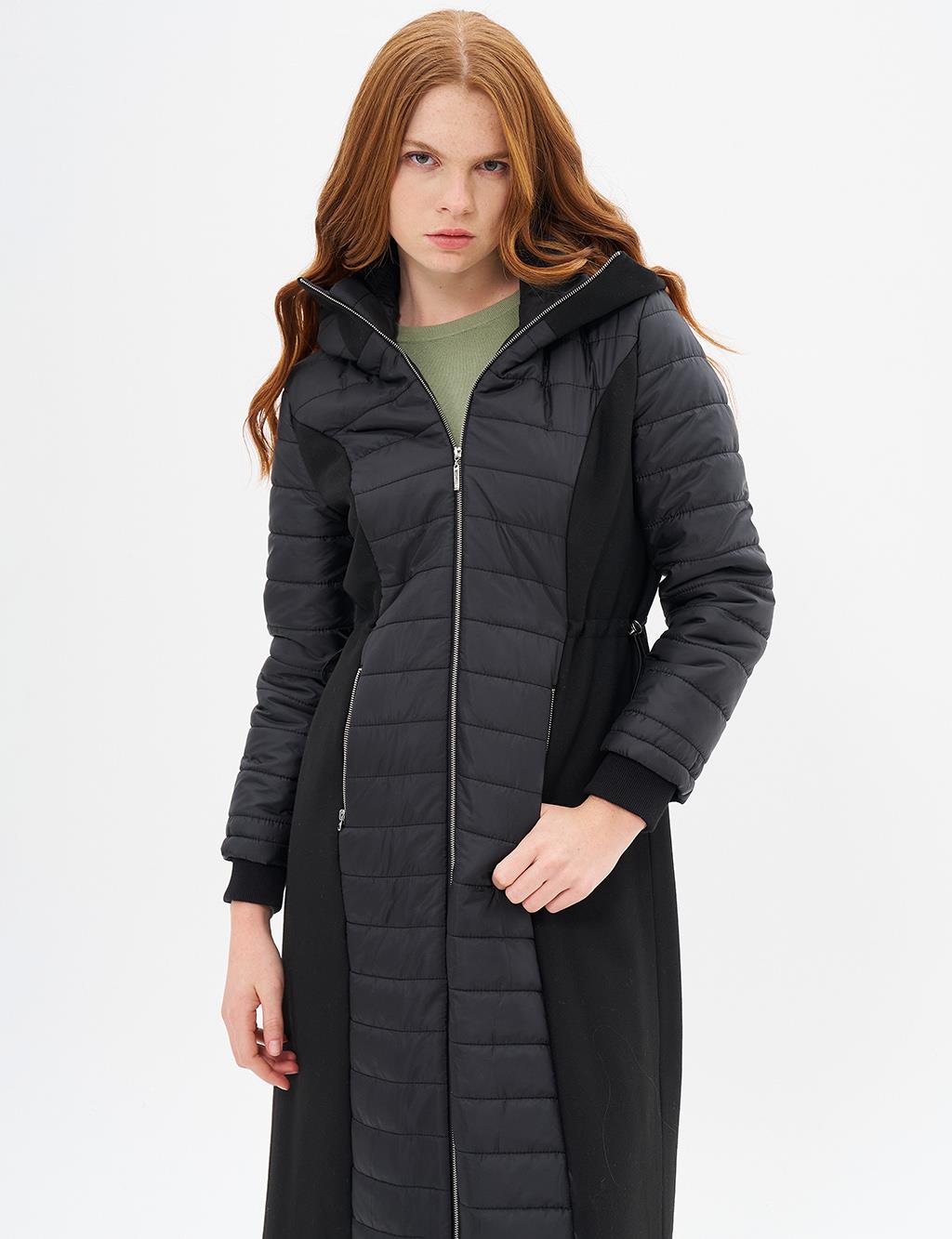 Waist Adjustable Hooded Detailed Coat Black