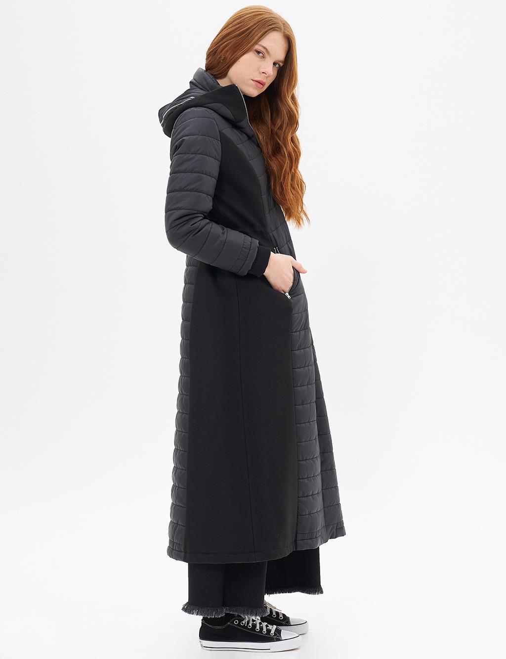 Waist Adjustable Hooded Detailed Coat Black