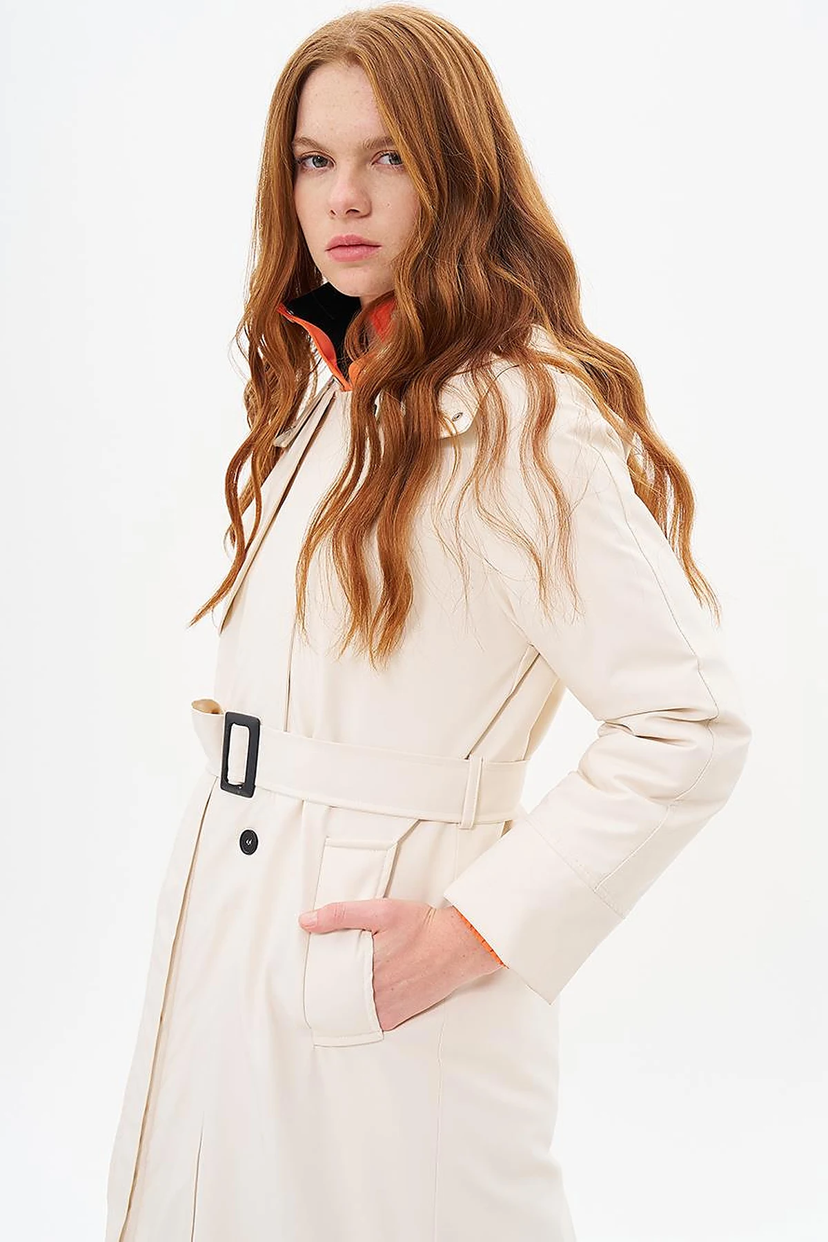 High-Neck Belted Coat  Cream