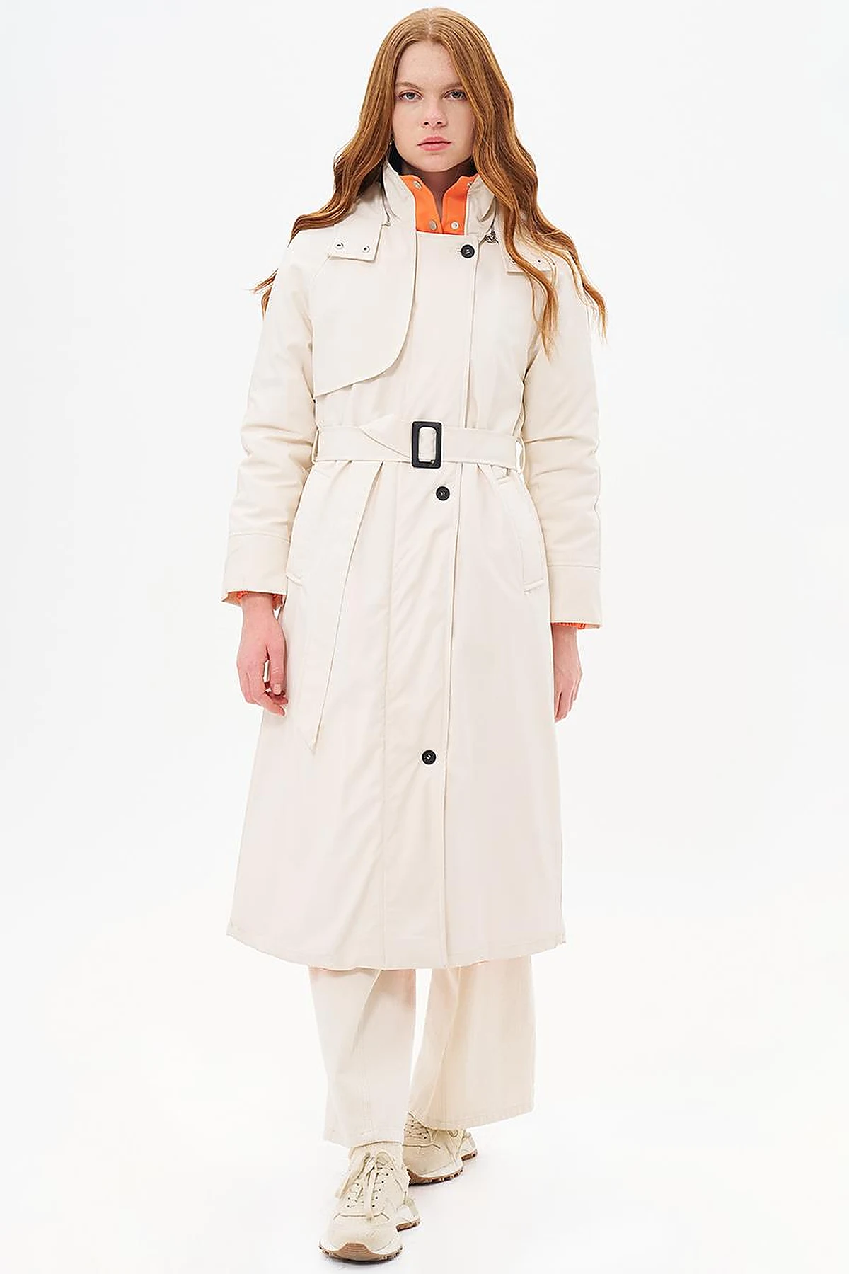 High-Neck Belted Coat  Cream