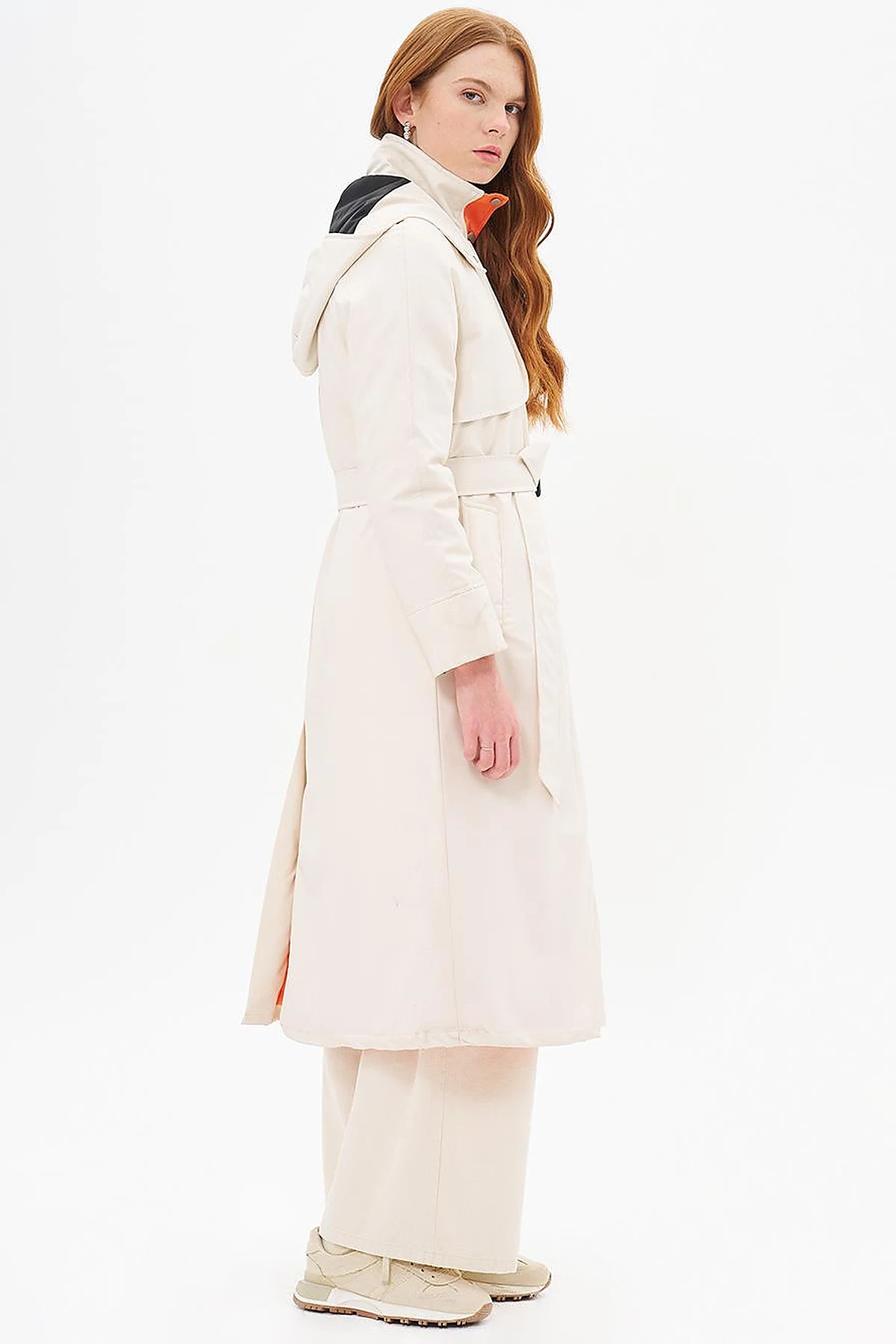 High-Neck Belted Coat  Cream