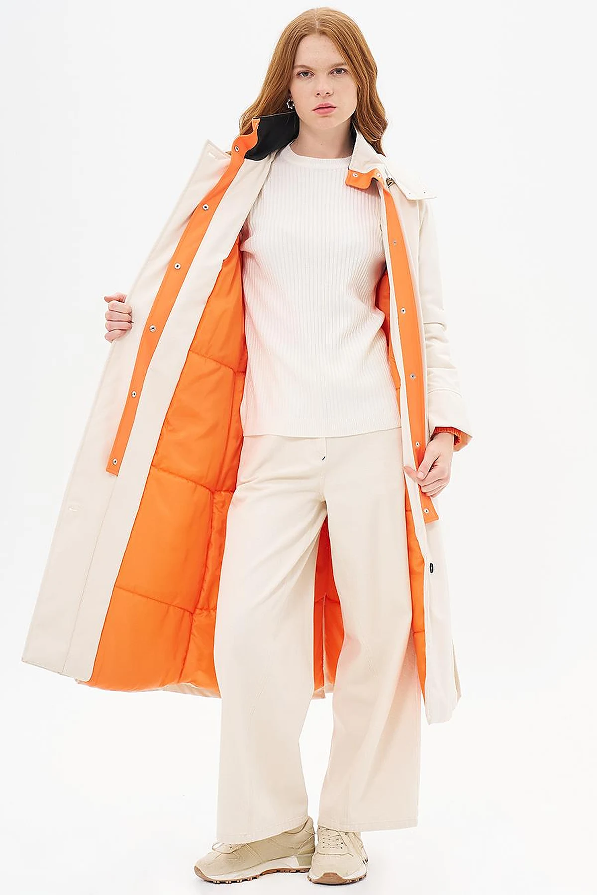 High-Neck Belted Coat  Cream