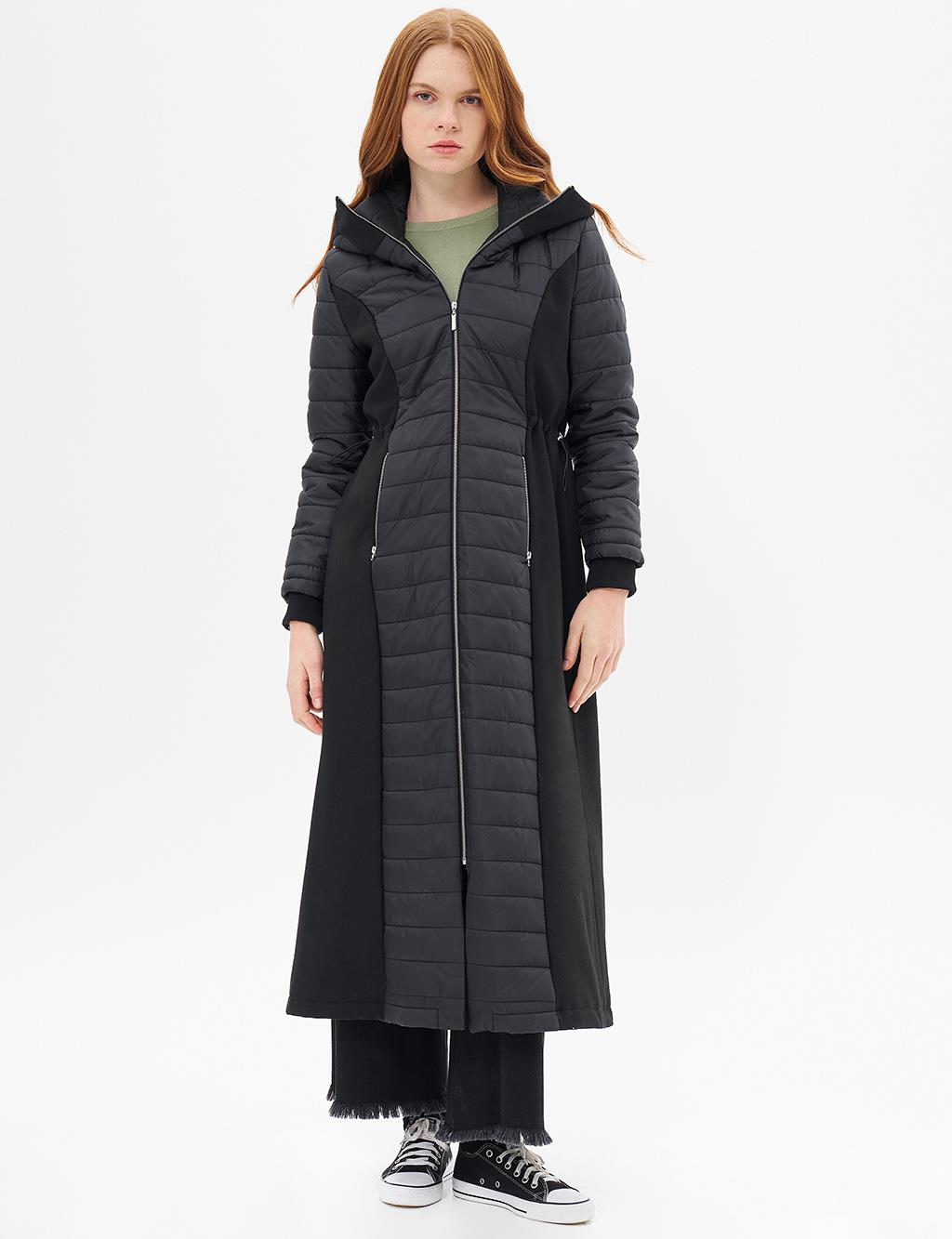 Waist Adjustable Hooded Detailed Coat Black