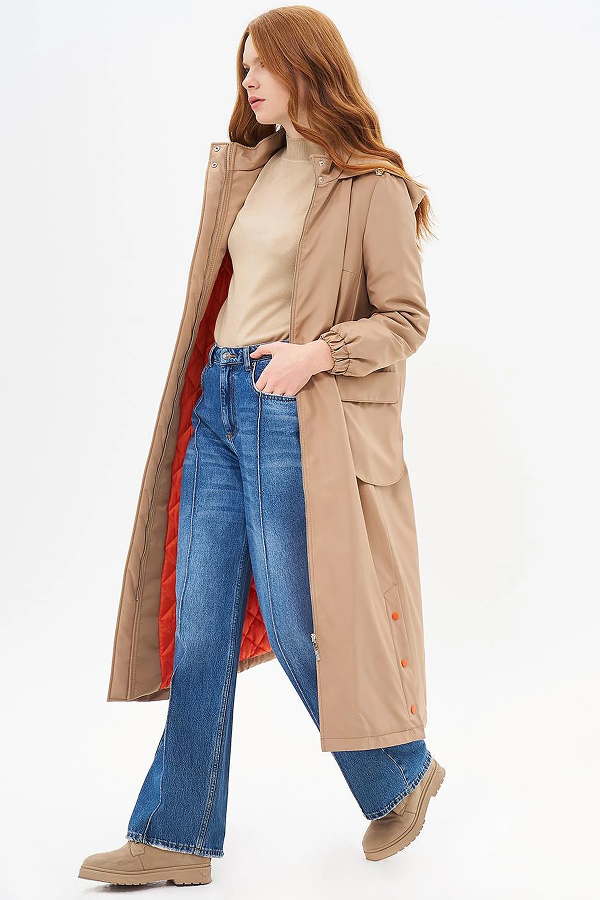 Hooded Wide Pocket Wear-and-Go Dark Beige
