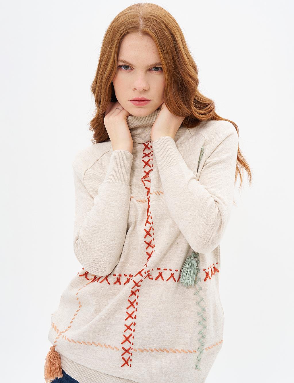 Embroidered Knitwear Tunic Beige