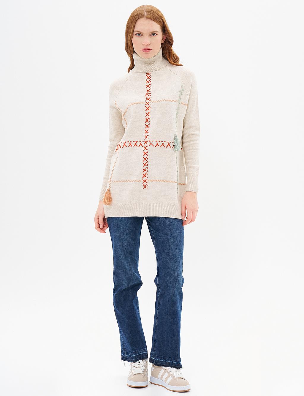 Embroidered Knitwear Tunic Beige