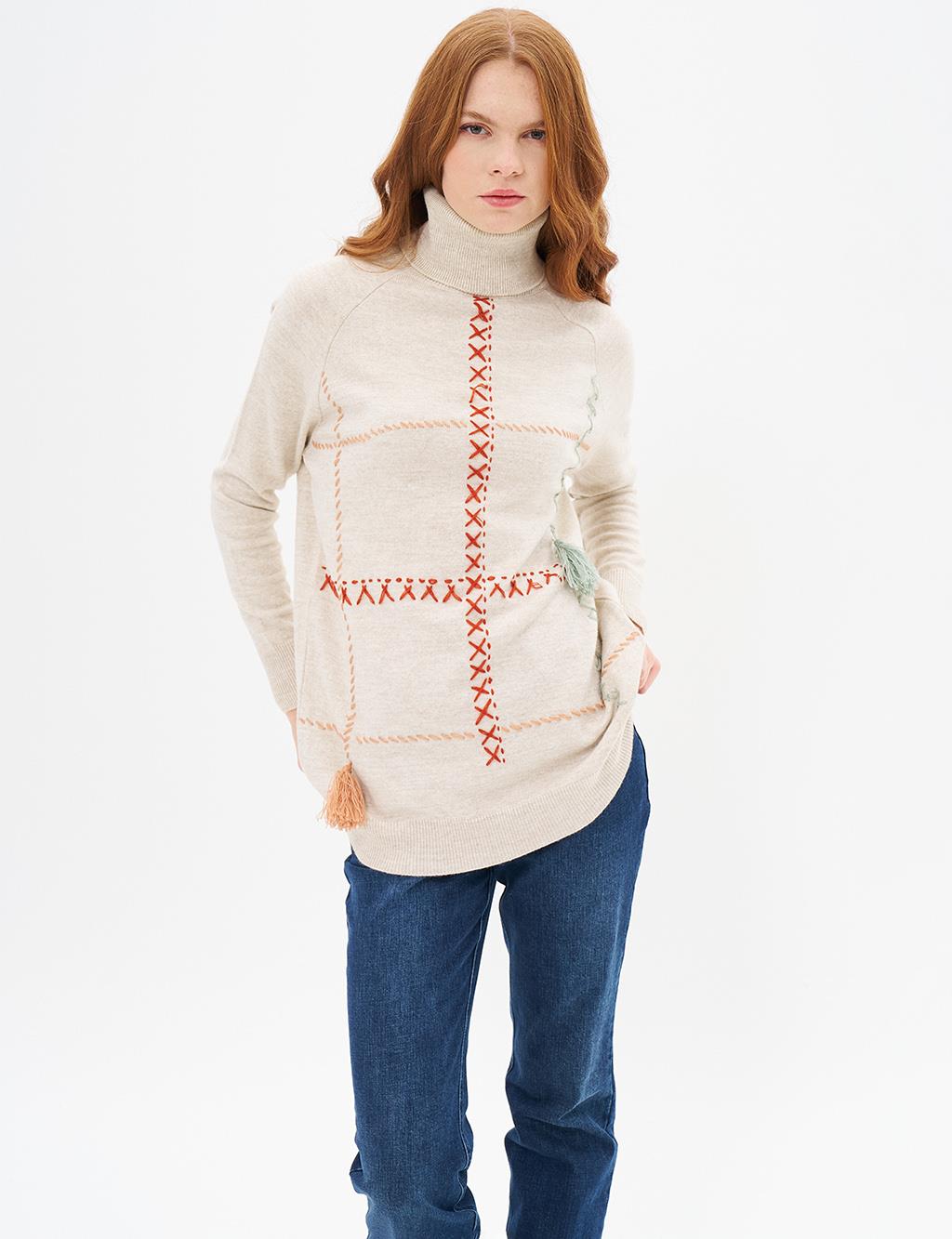 Embroidered Knitwear Tunic Beige