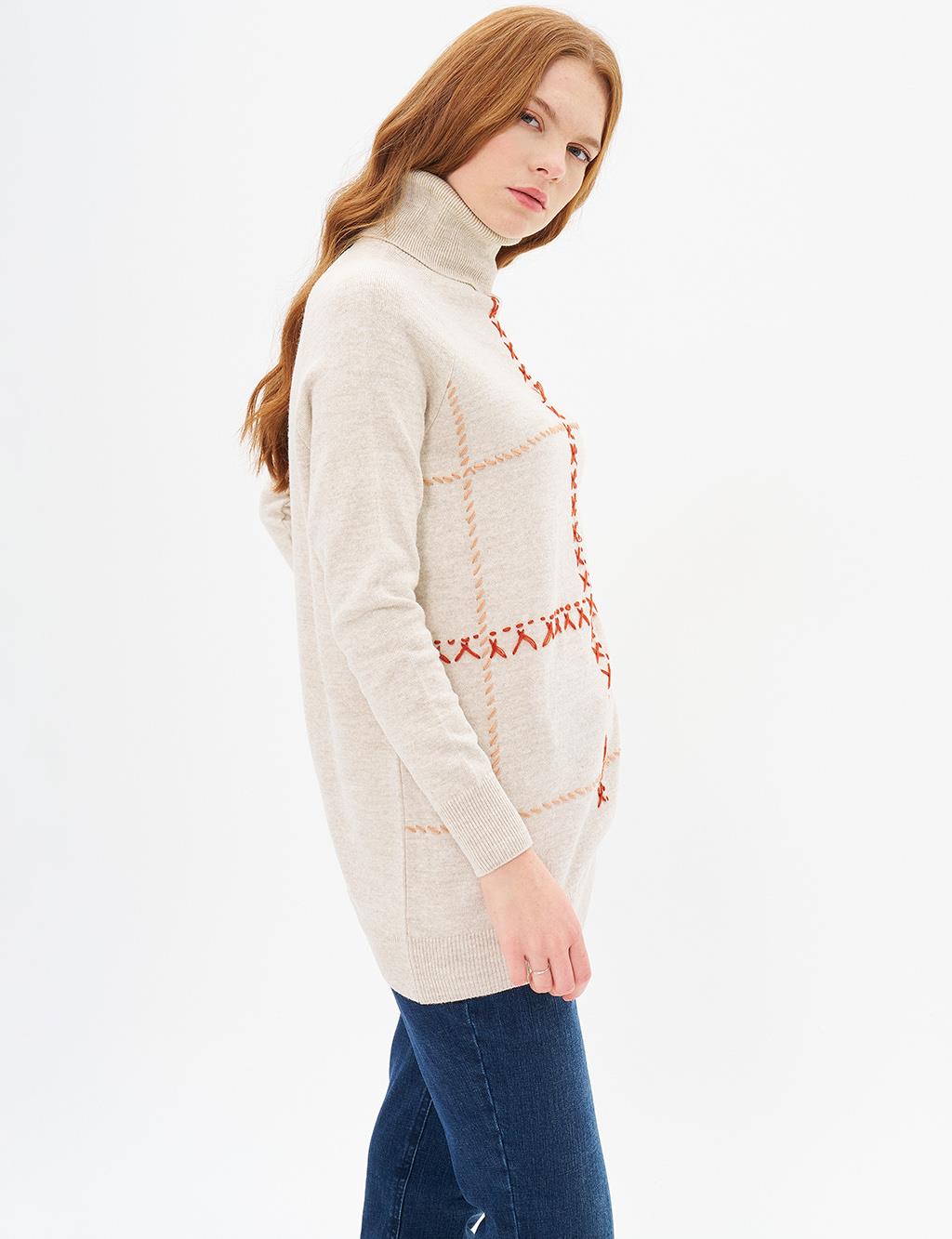 Embroidered Knitwear Tunic Beige