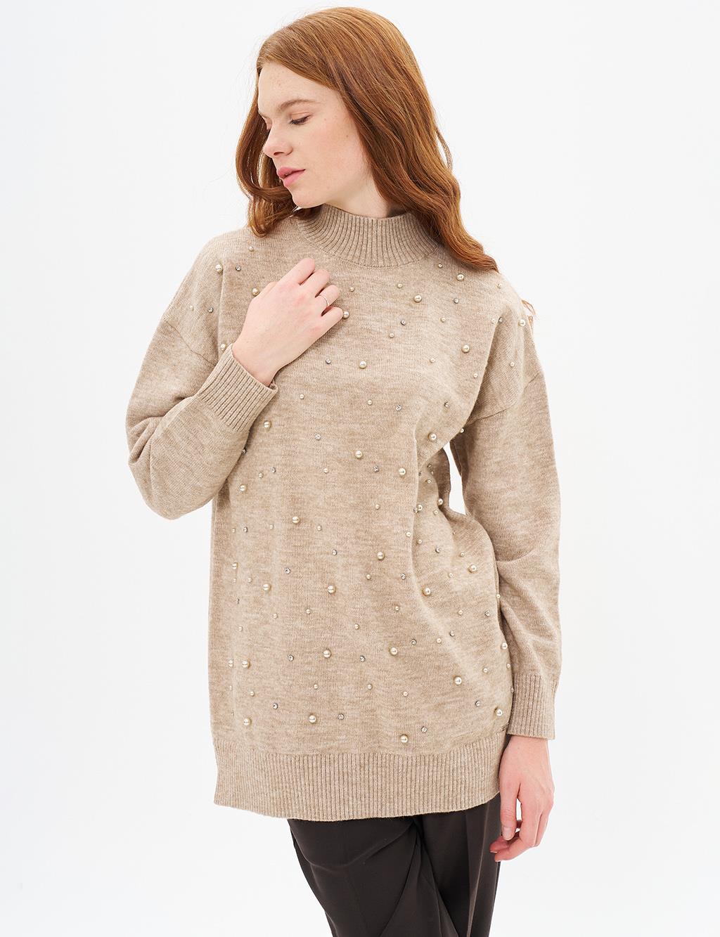 Pearl Embroidered Knitwear Tunic Stone