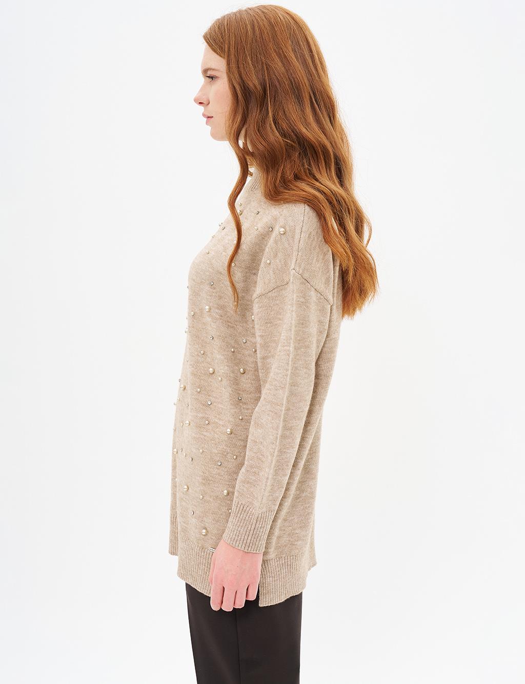 Pearl Embroidered Knitwear Tunic Stone