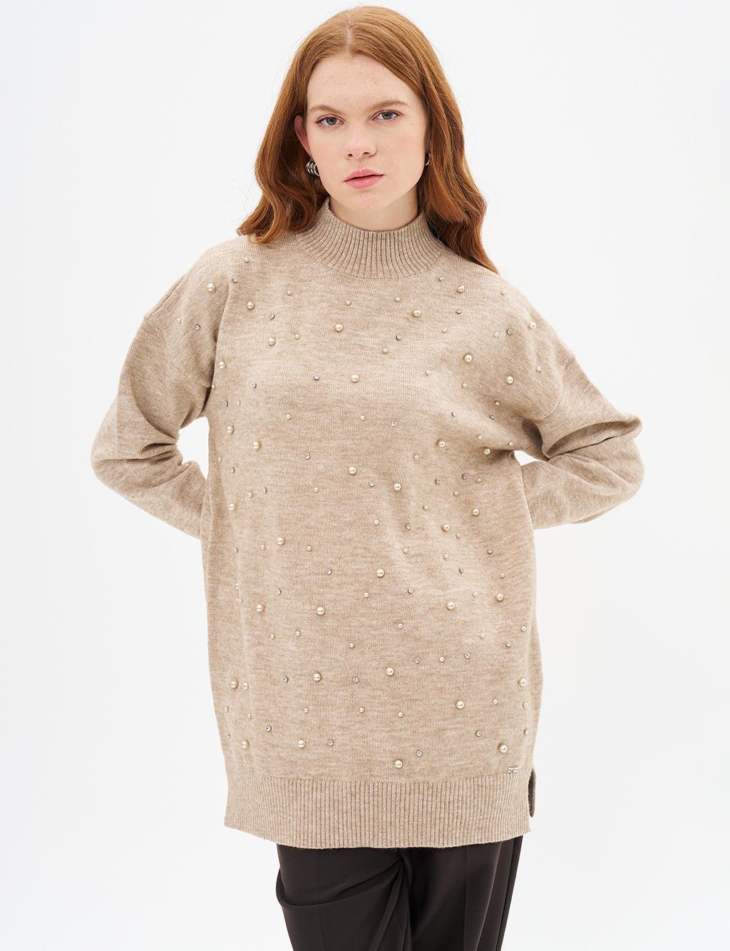 Pearl Embroidered Knitwear Tunic Stone