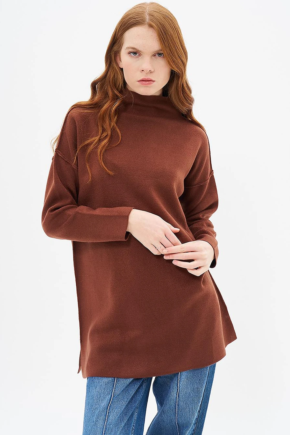 Boat Neck Knitwear Tunic Red Coffee
