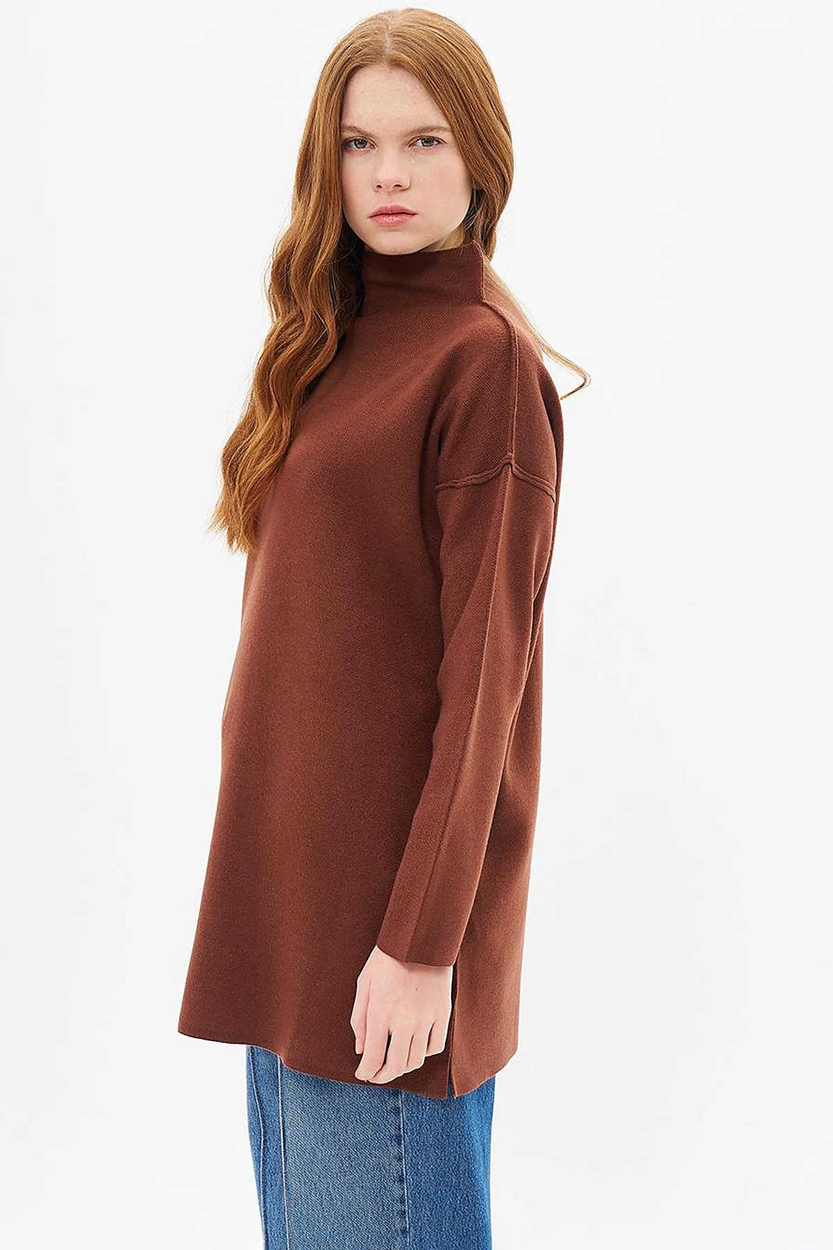 Boat Neck Knitwear Tunic Red Coffee