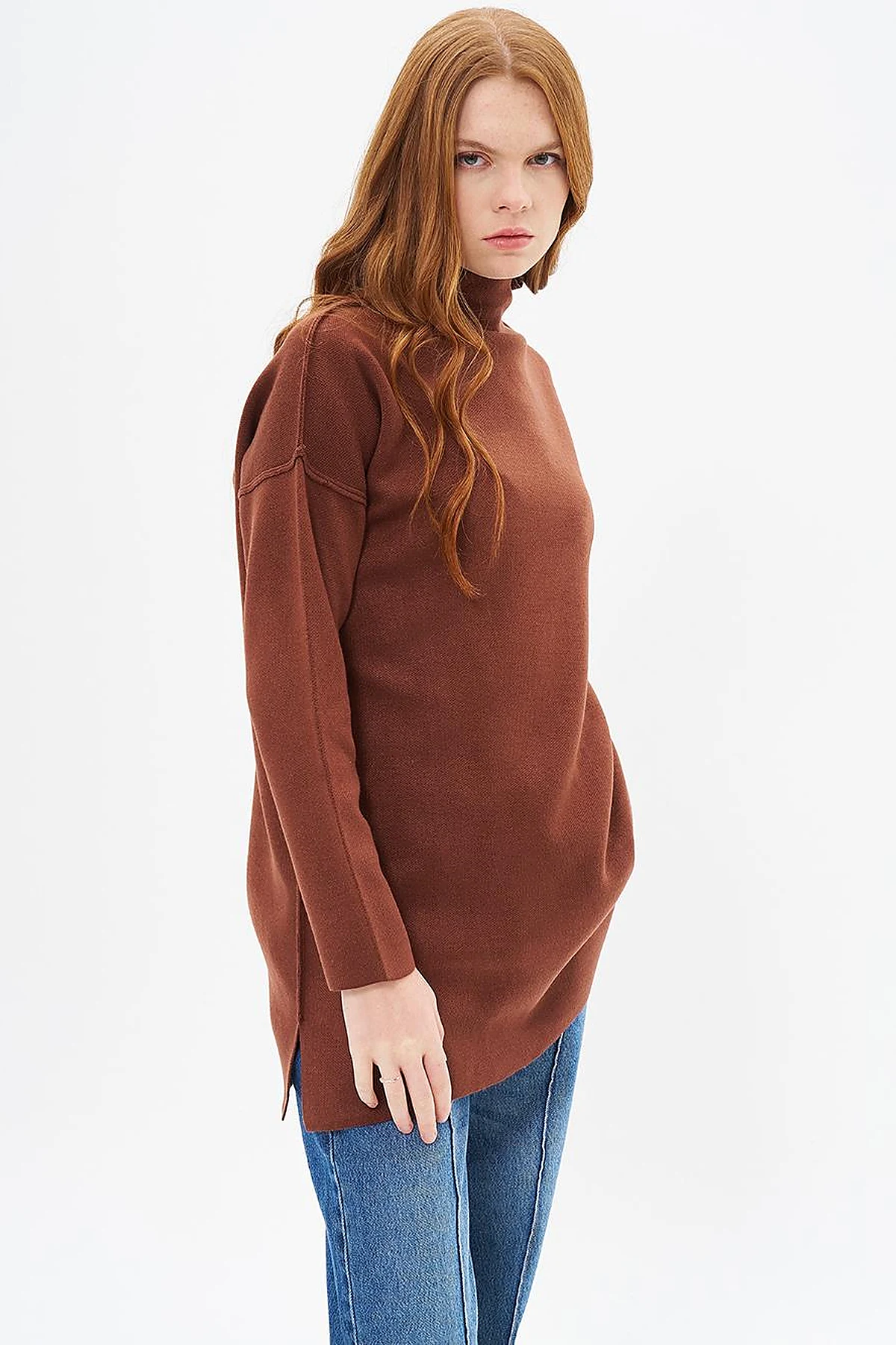 Boat Neck Knitwear Tunic Red Coffee