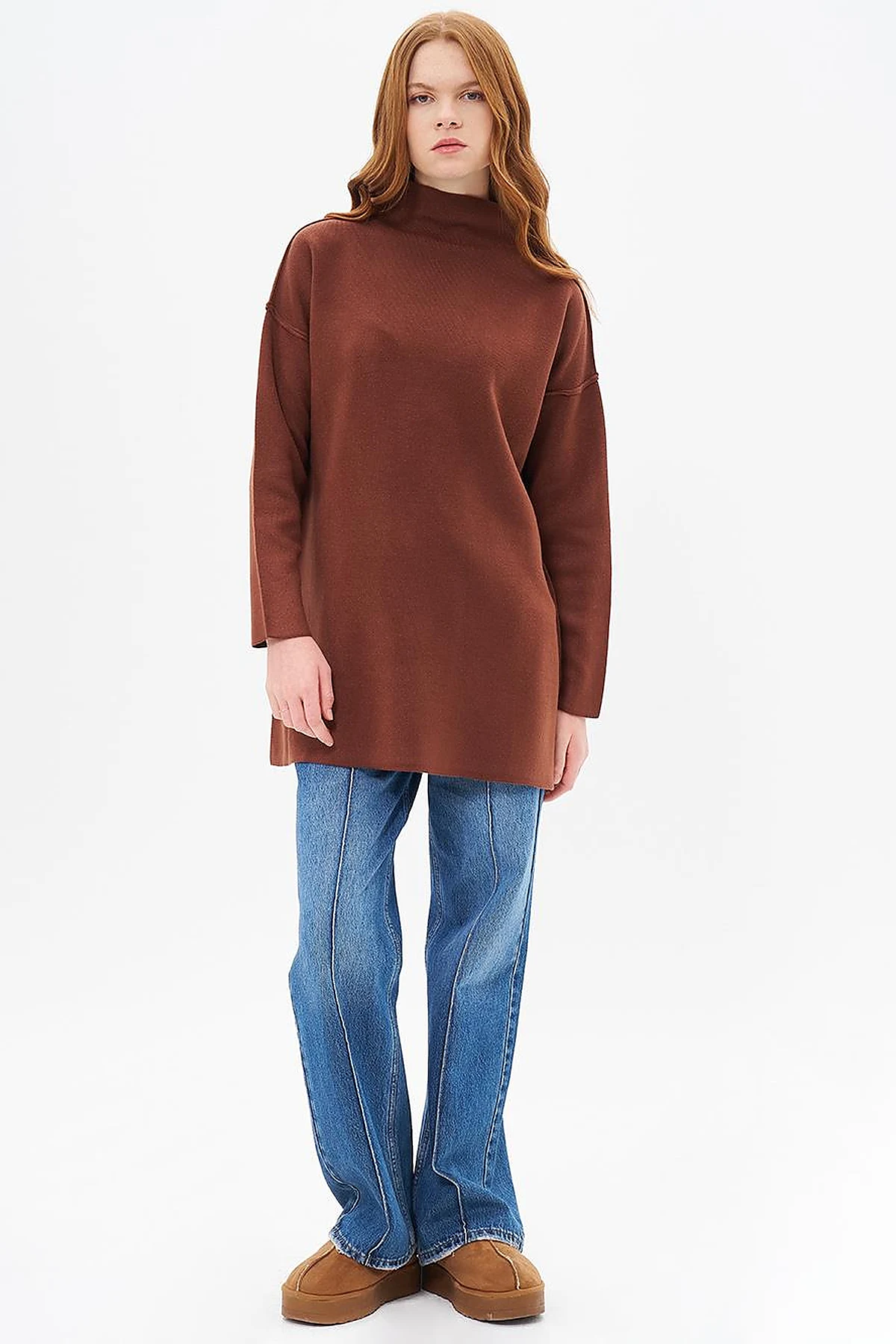 Boat Neck Knitwear Tunic Red Coffee