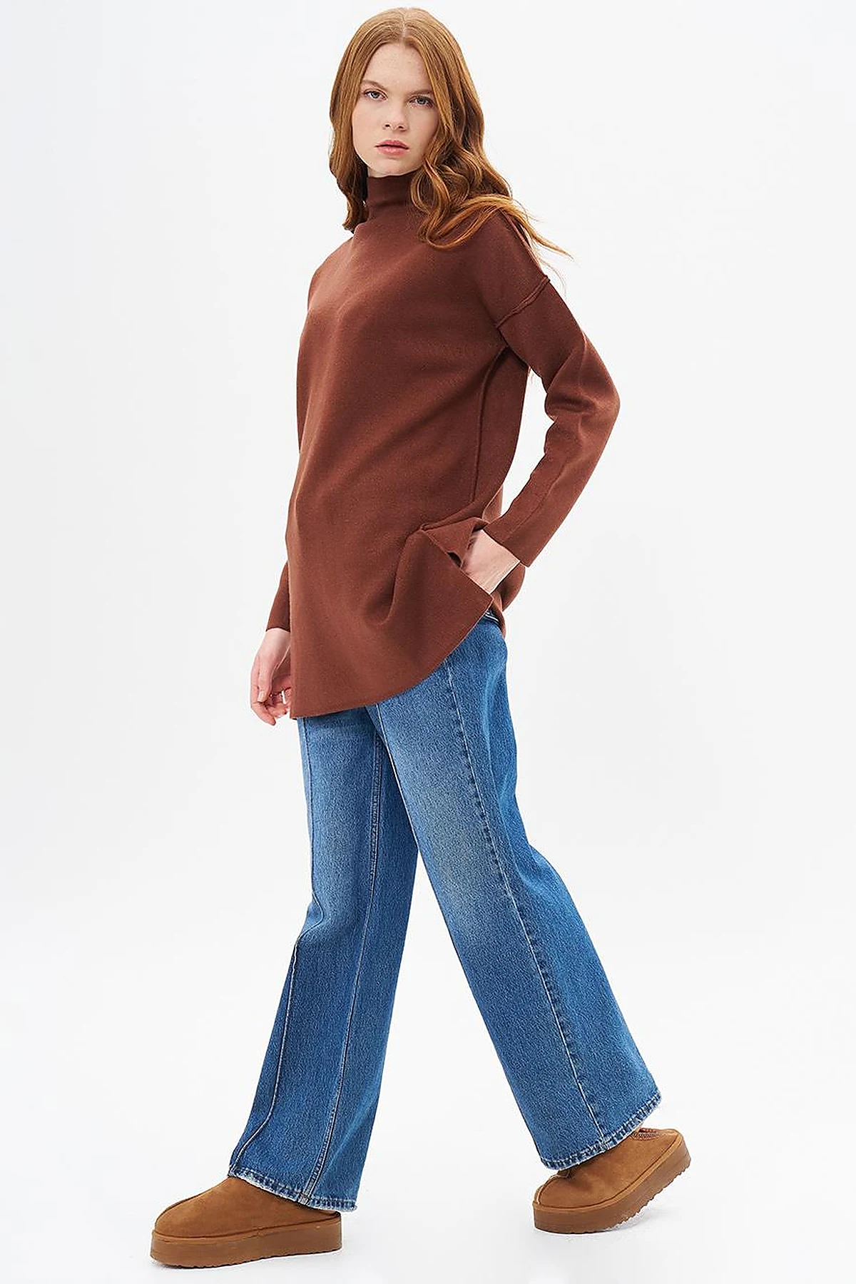 Boat Neck Knitwear Tunic Red Coffee