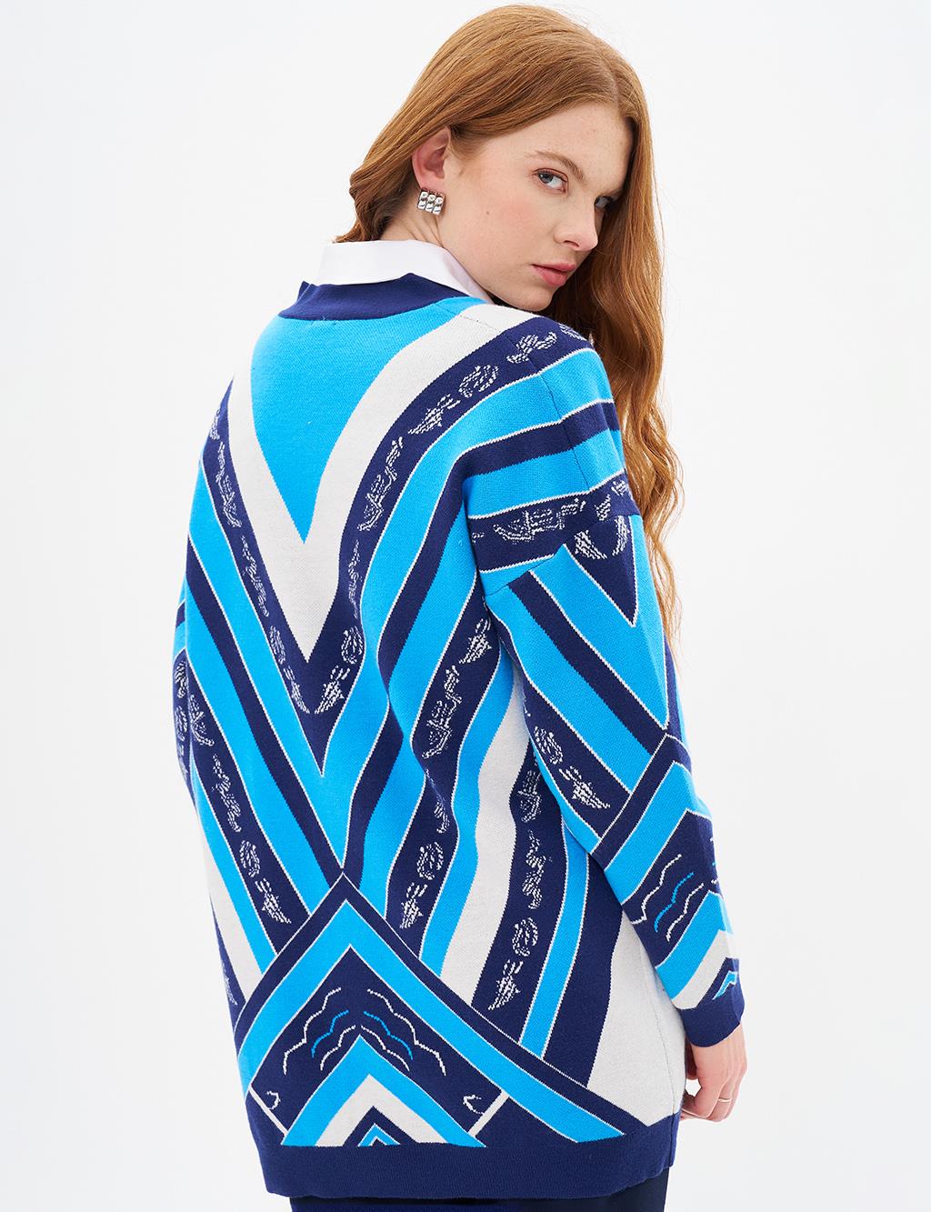 Abstract Pattern Knitwear Cardigan Navy Blue