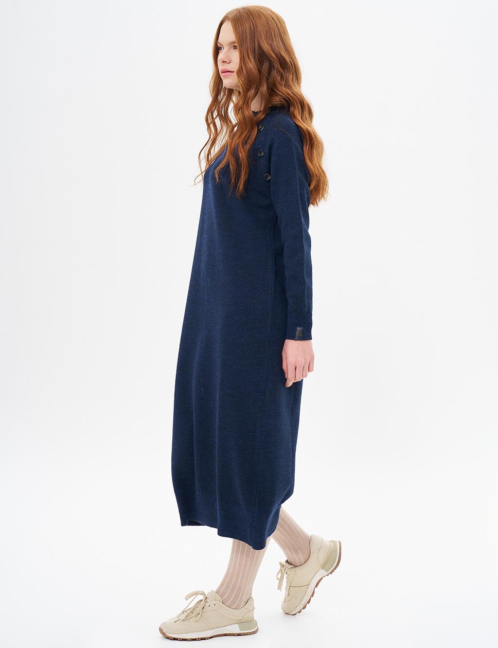 Buttoned Half Turtleneck Knitwear Dress Navy Blue