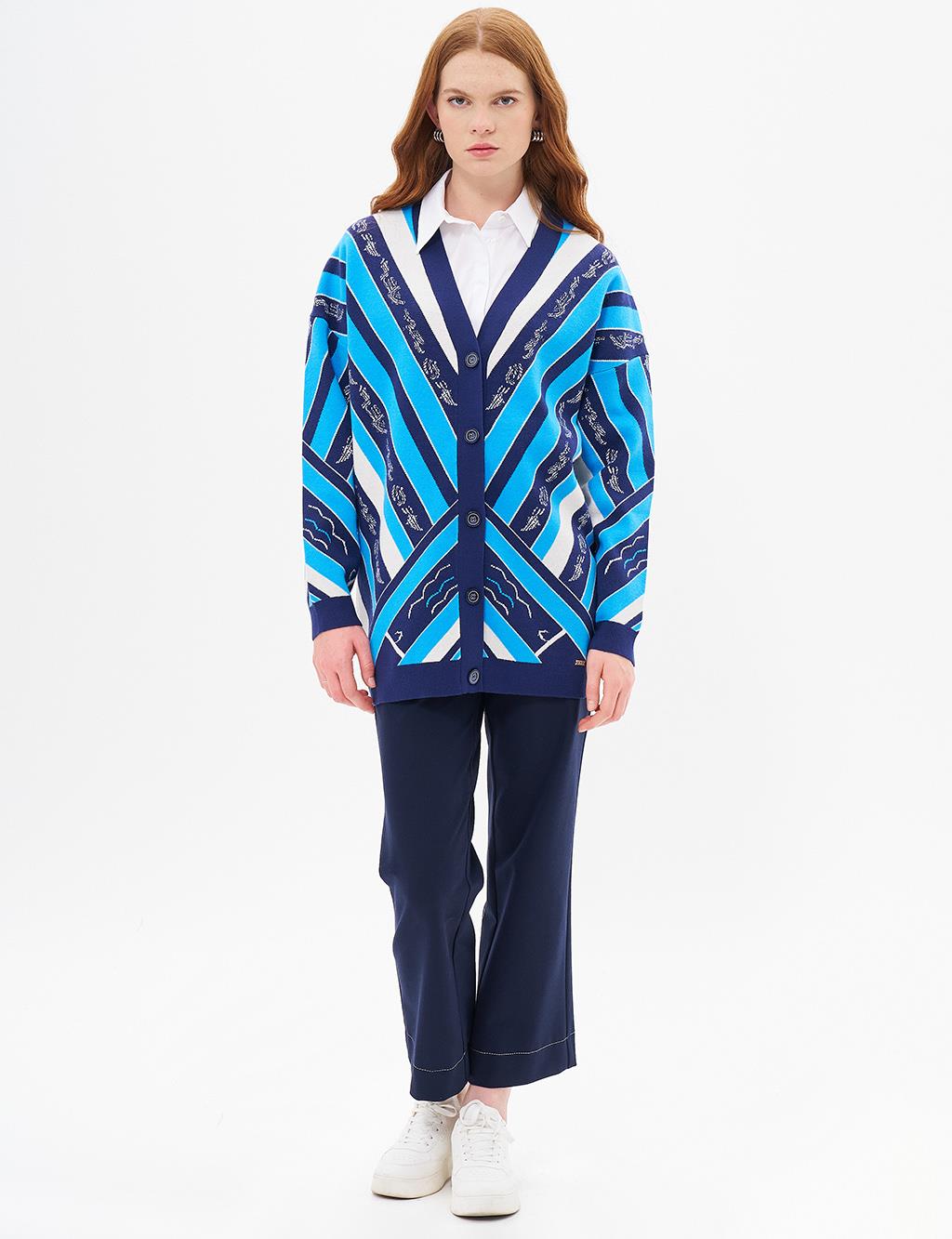 Abstract Pattern Knitwear Cardigan Navy Blue