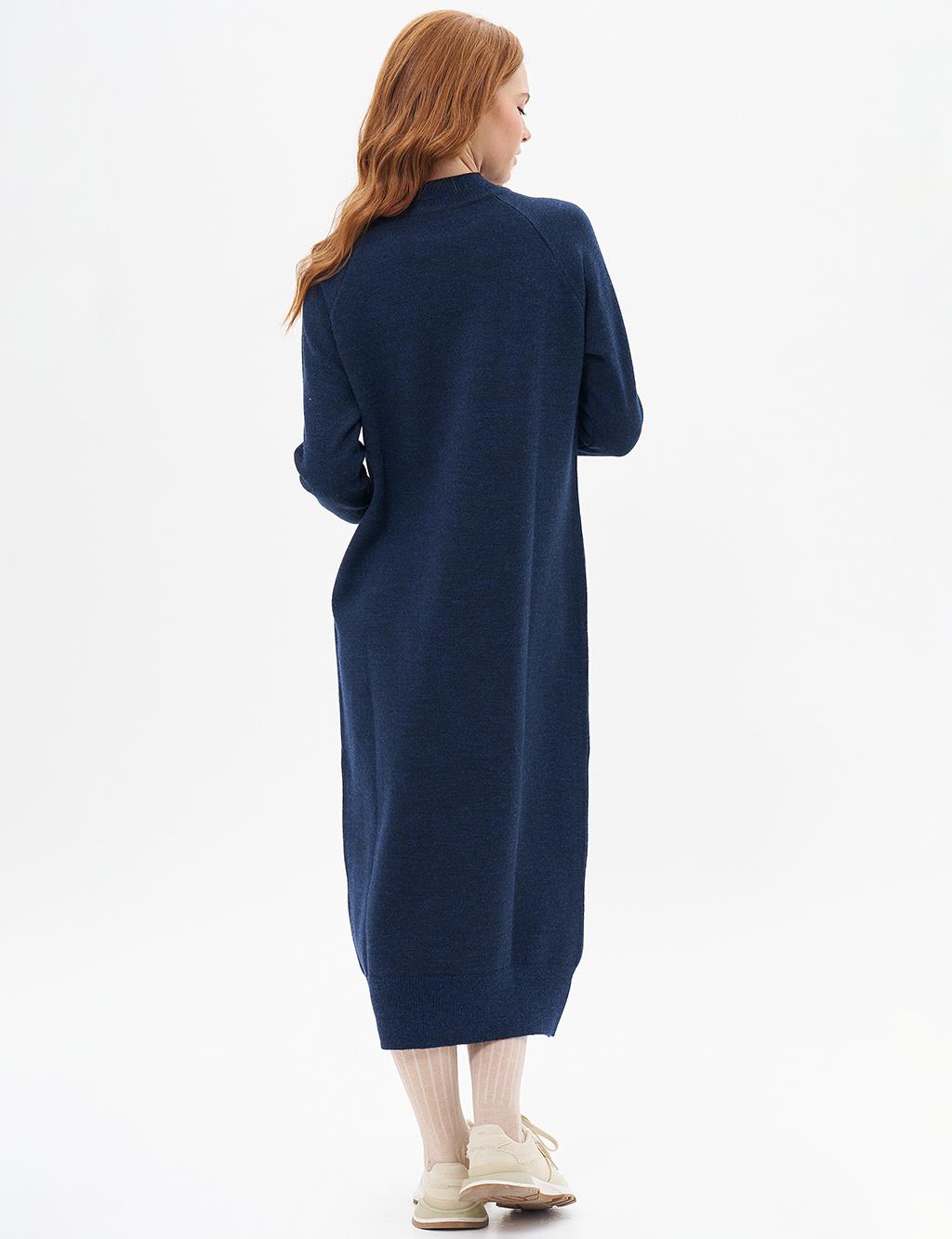 Buttoned Half Turtleneck Knitwear Dress Navy Blue