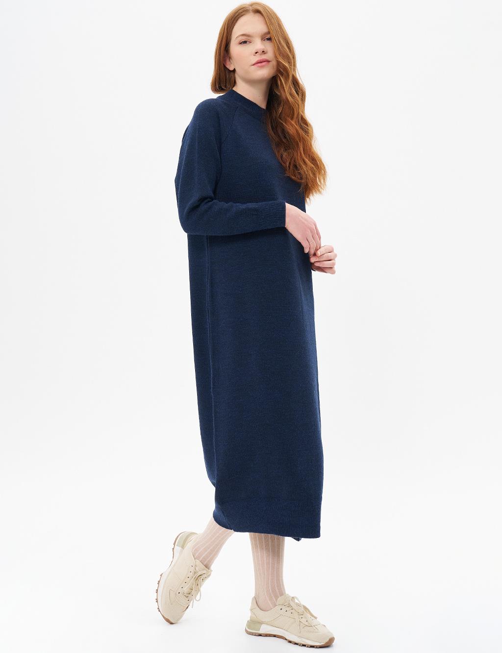 Buttoned Half Turtleneck Knitwear Dress Navy Blue