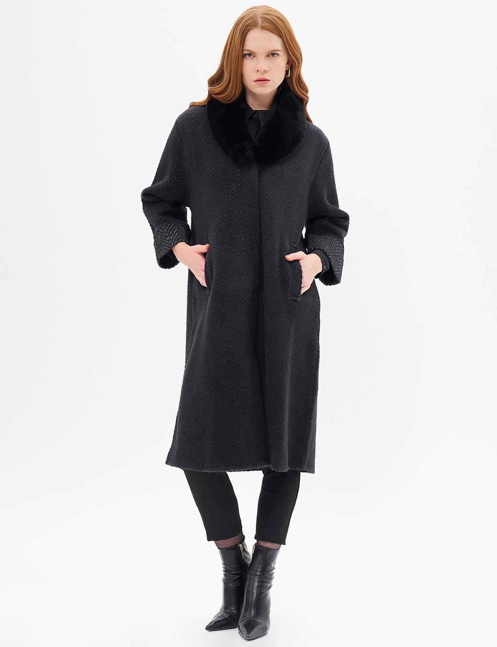 Faux Fur Detailed Knitwear Coat Black