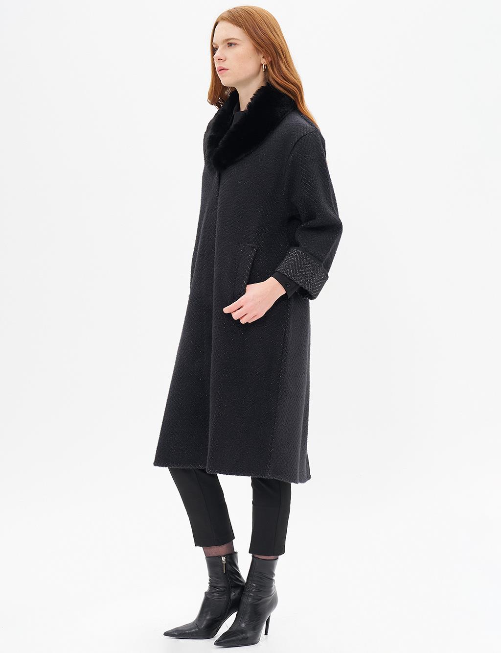 Faux Fur Detailed Knitwear Coat Black