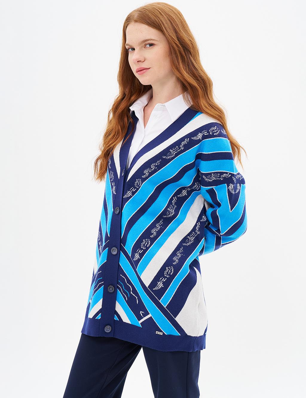 Abstract Pattern Knitwear Cardigan Navy Blue