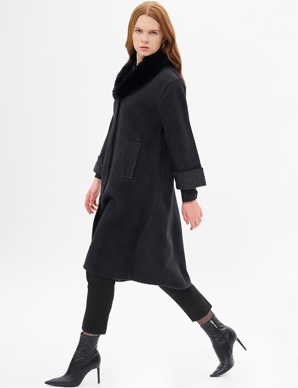 Faux Fur Detailed Knitwear Coat Black