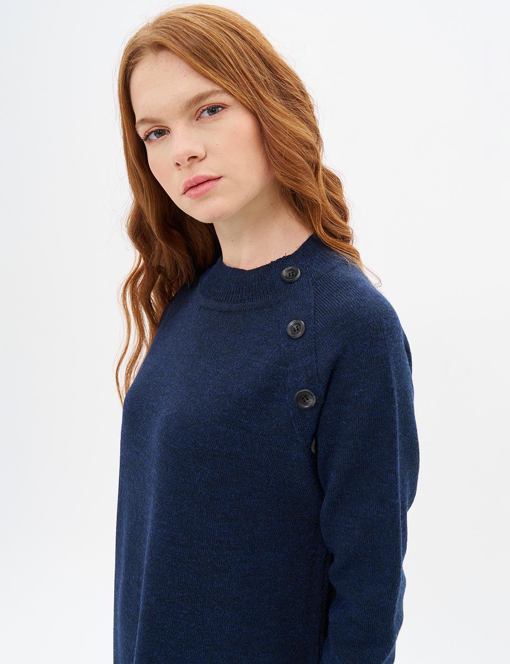 Buttoned Half Turtleneck Knitwear Dress Navy Blue