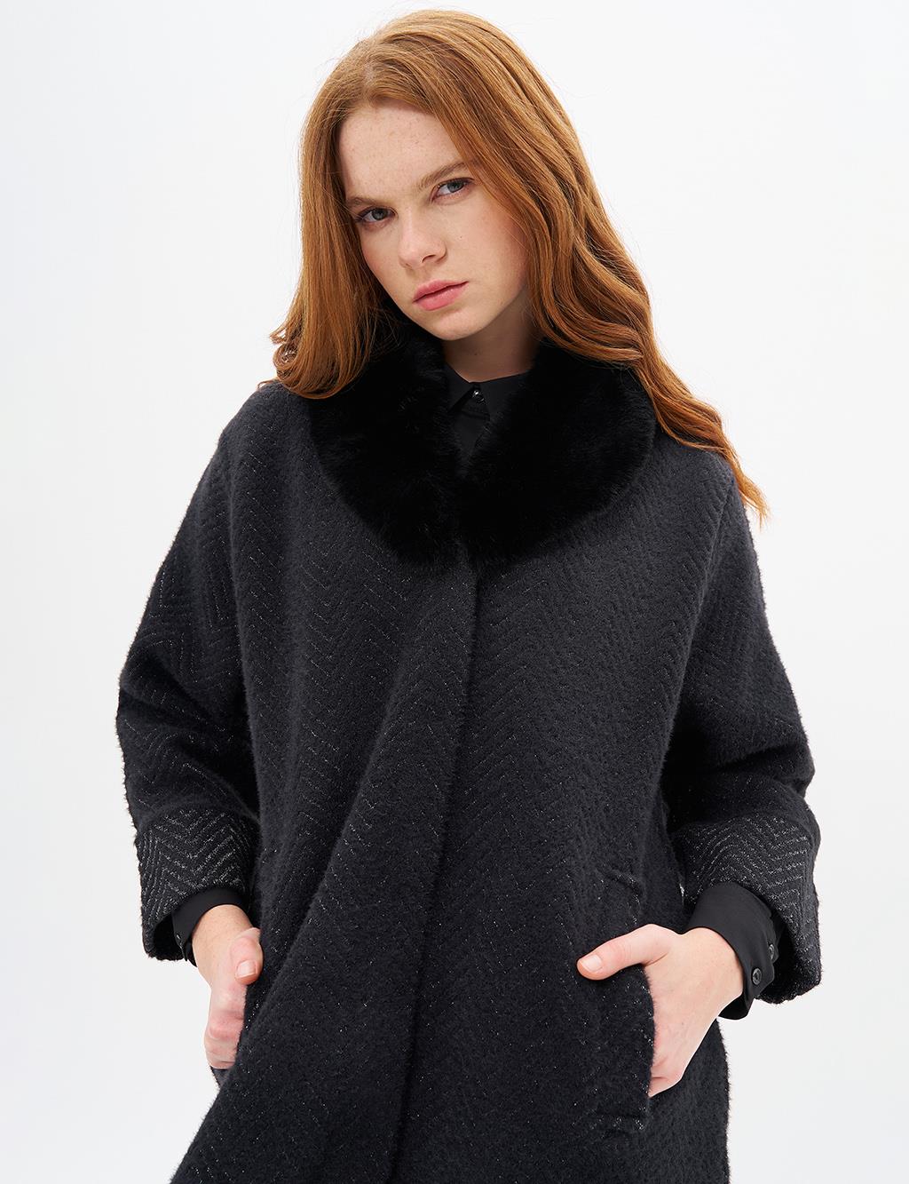 Faux Fur Detailed Knitwear Coat Black