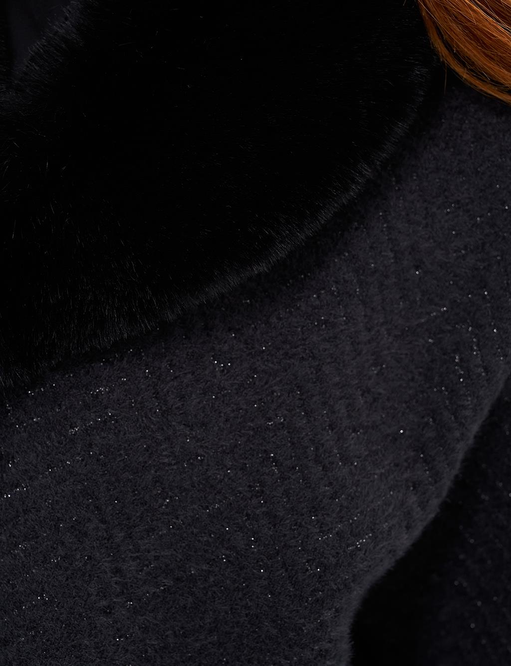 Faux Fur Detailed Knitwear Coat Black