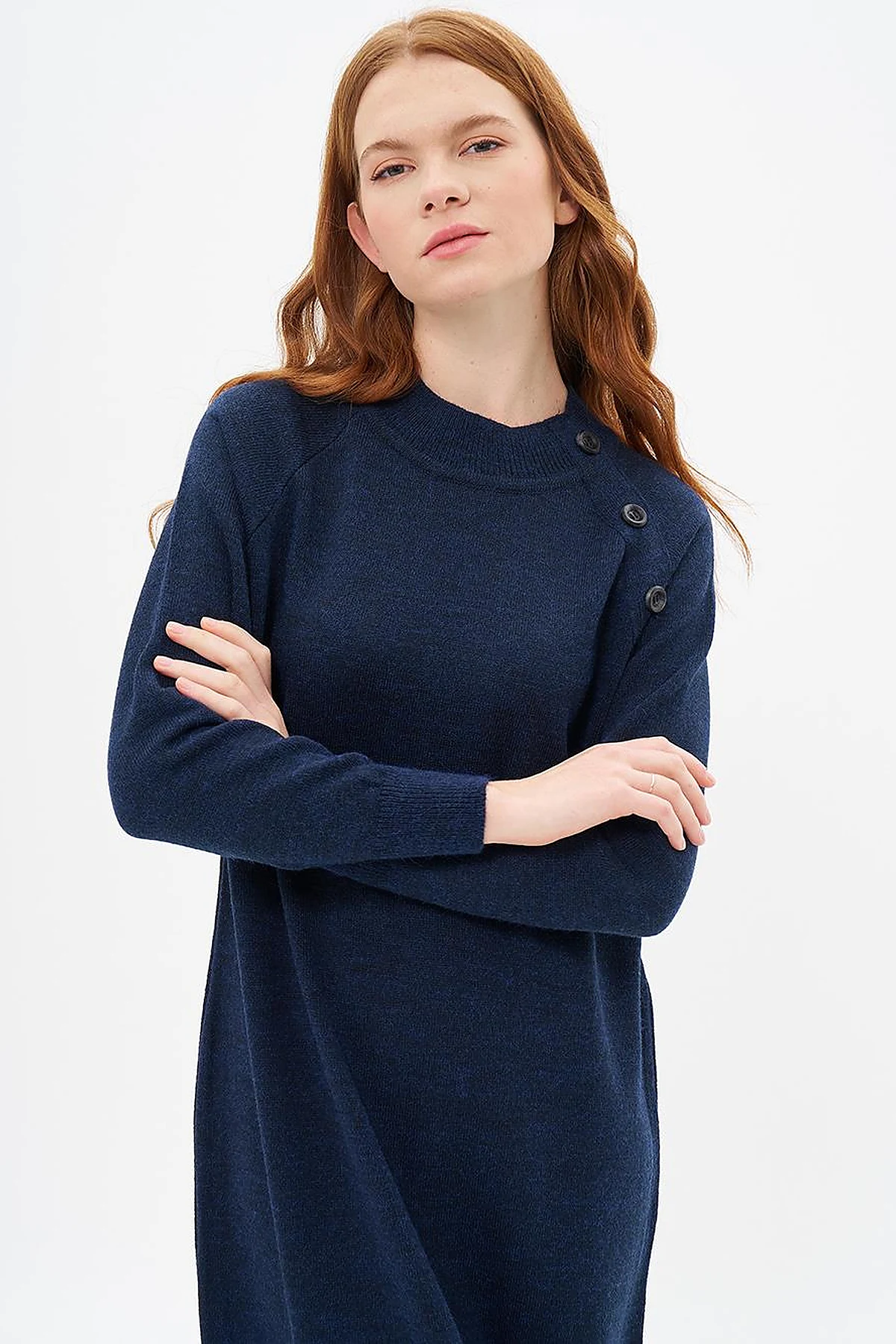 Buttoned Half Turtleneck Knitwear Dress Navy Blue