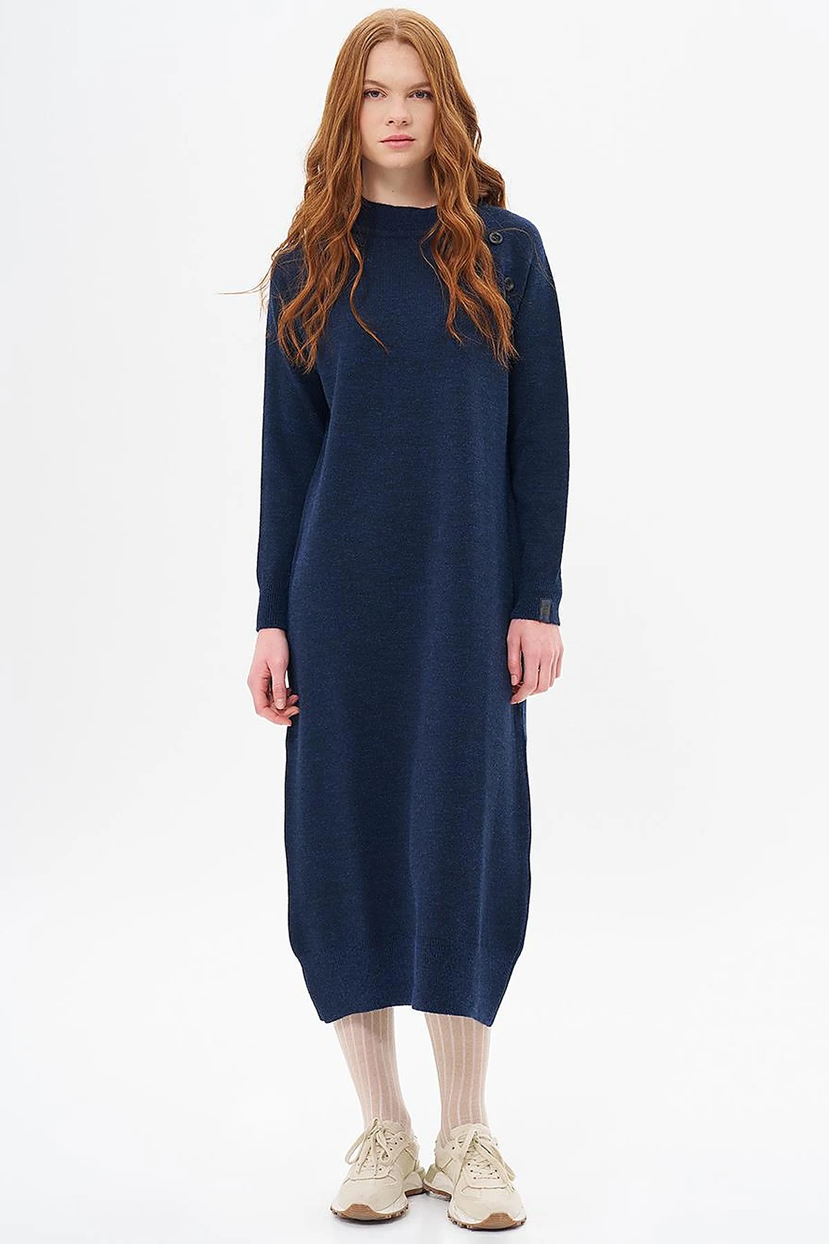 Buttoned Half Turtleneck Knitwear Dress Navy Blue