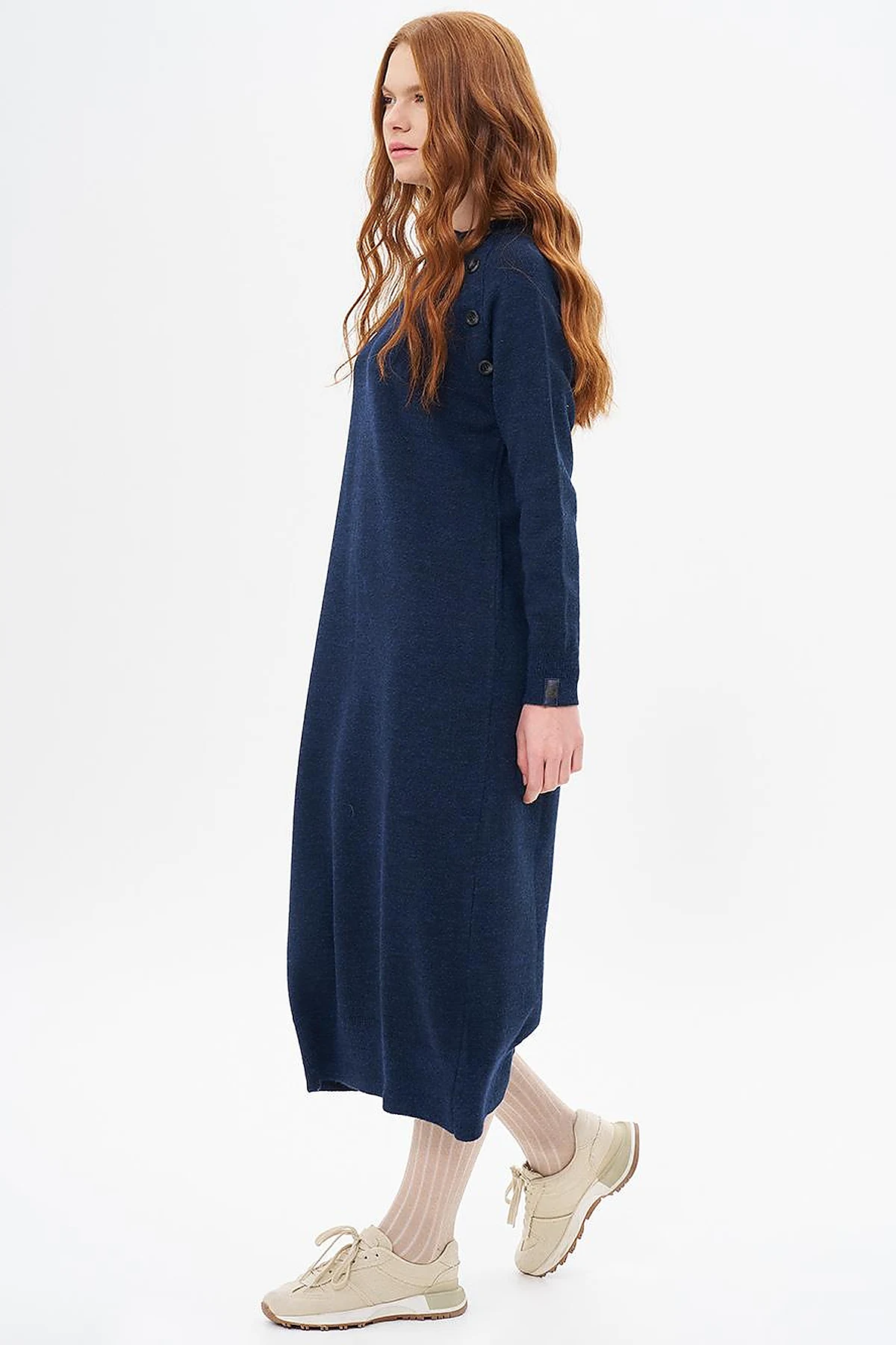 Buttoned Half Turtleneck Knitwear Dress Navy Blue