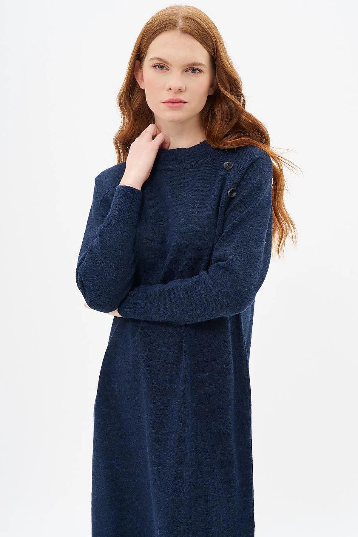 Buttoned Half Turtleneck Knitwear Dress Navy Blue
