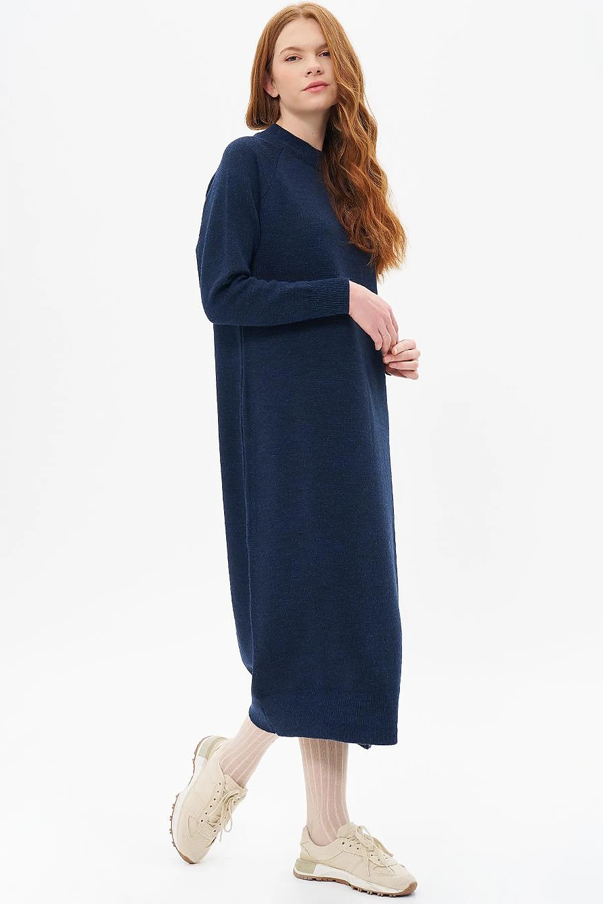 Buttoned Half Turtleneck Knitwear Dress Navy Blue