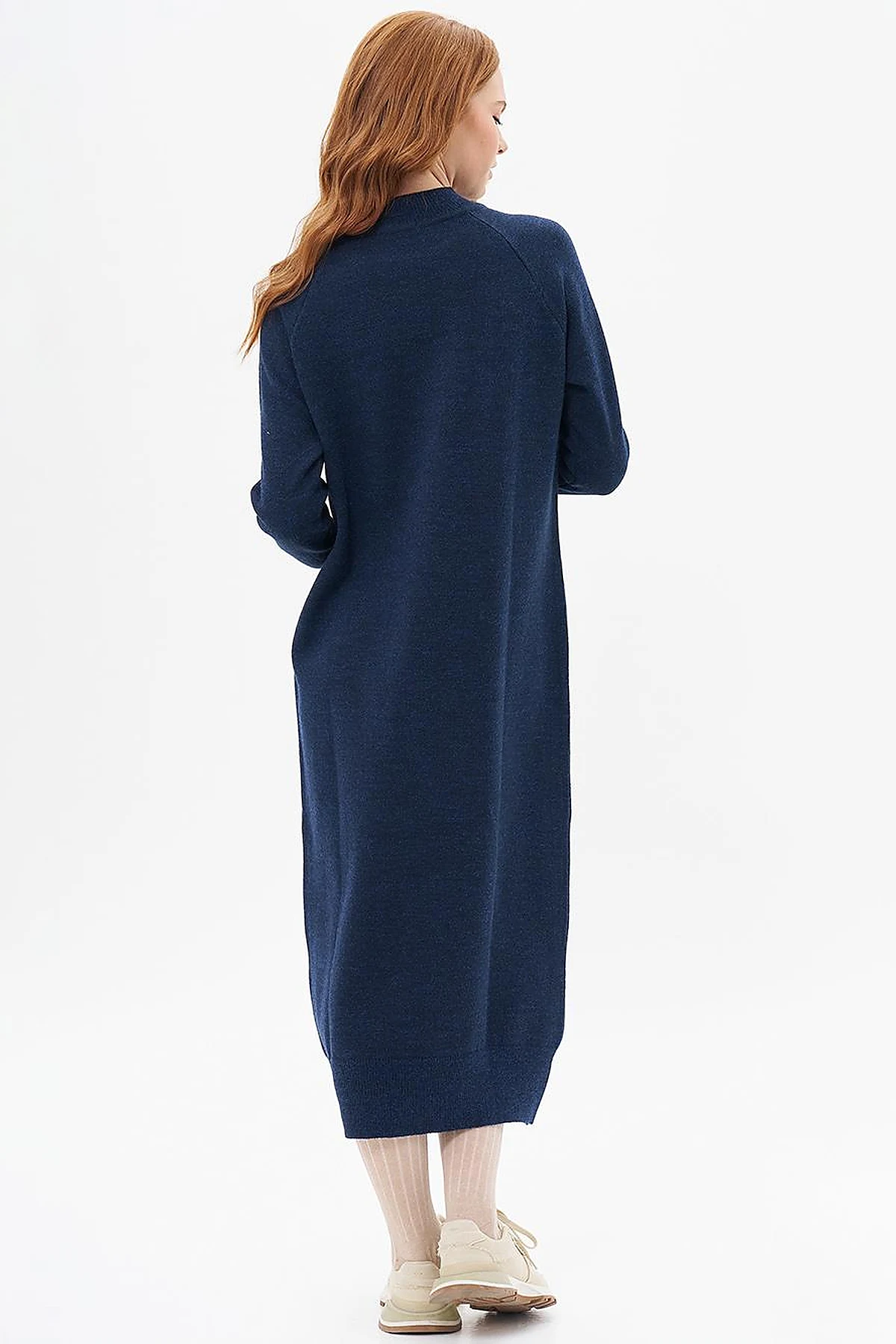 Buttoned Half Turtleneck Knitwear Dress Navy Blue