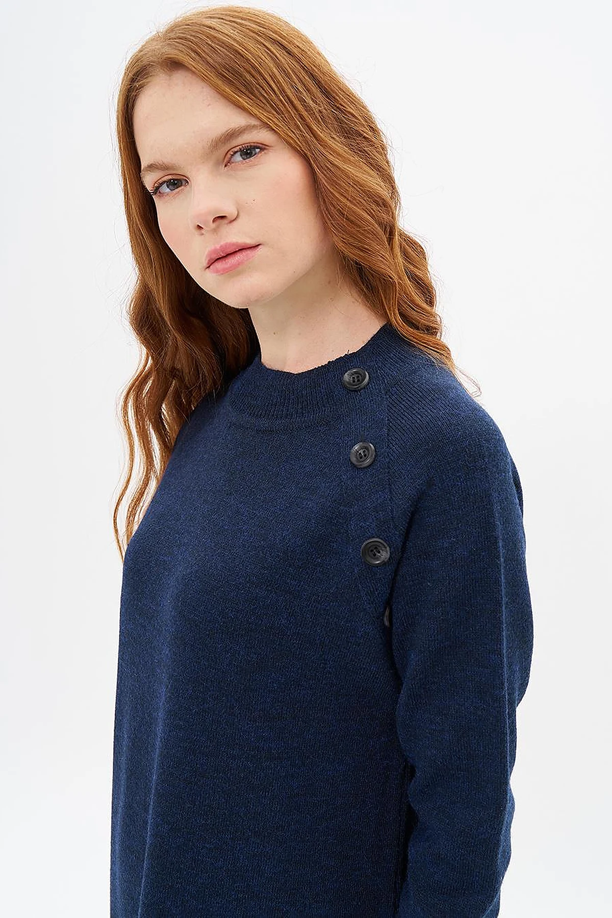 Buttoned Half Turtleneck Knitwear Dress Navy Blue