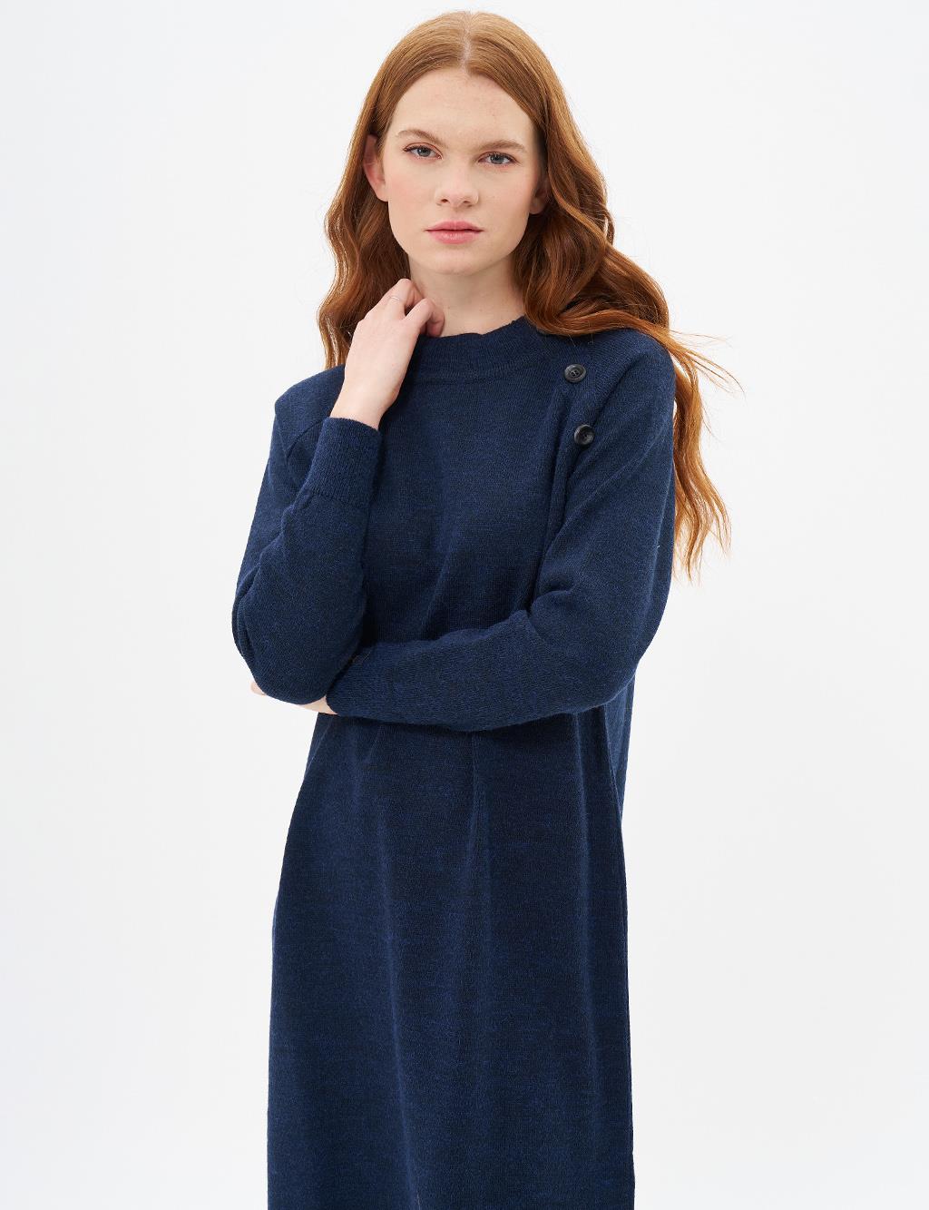 Buttoned Half Turtleneck Knitwear Dress Navy Blue