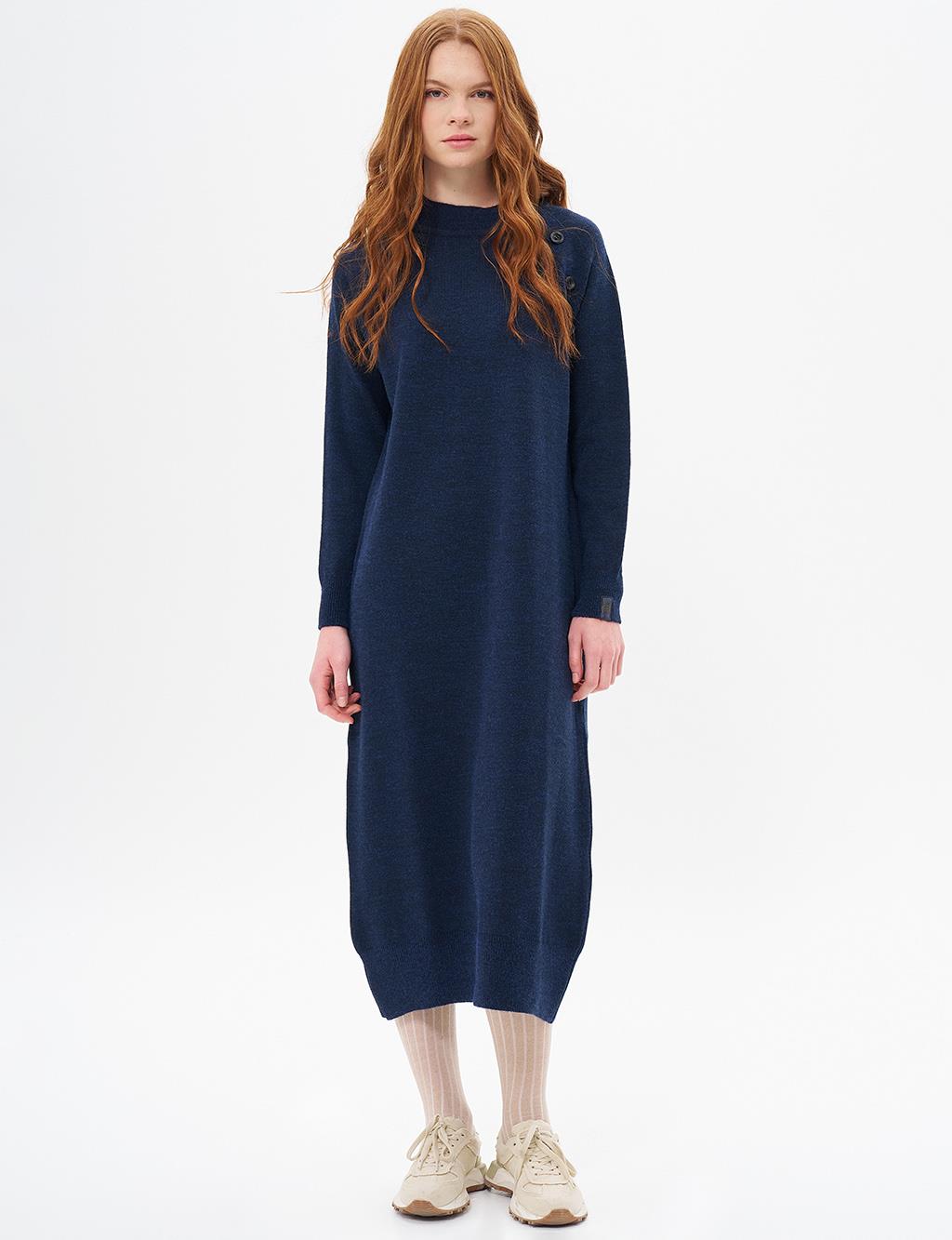 Buttoned Half Turtleneck Knitwear Dress Navy Blue