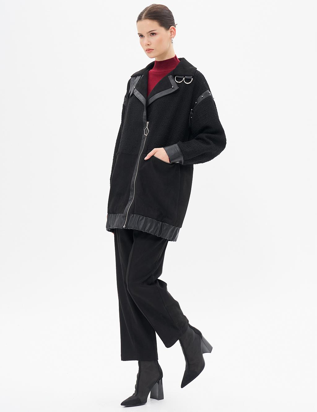 Faux Leather and Suede Mixed Jacket Black