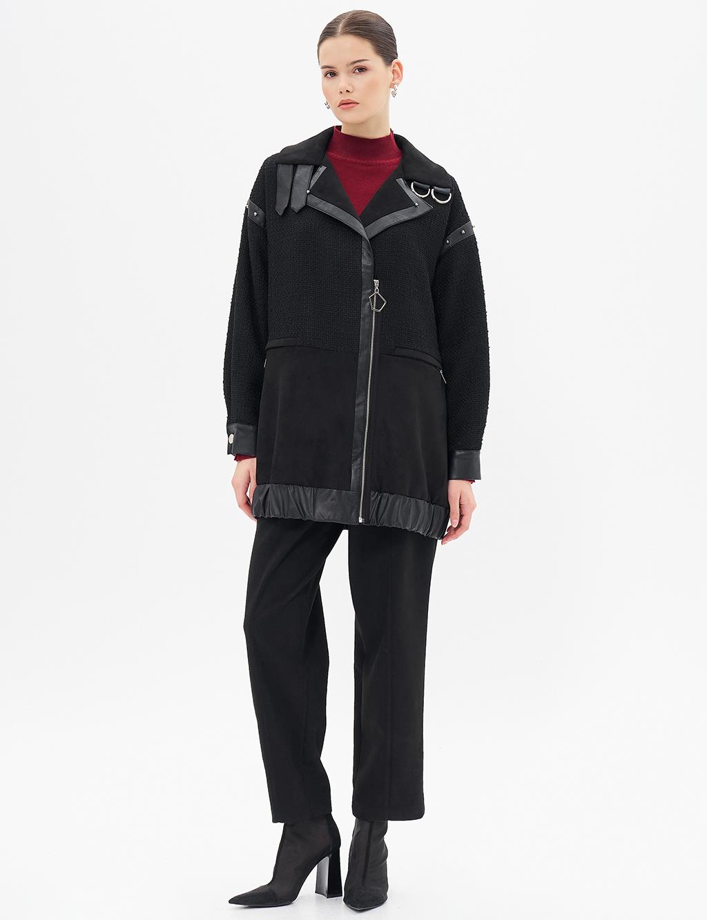 Faux Leather and Suede Mixed Jacket Black