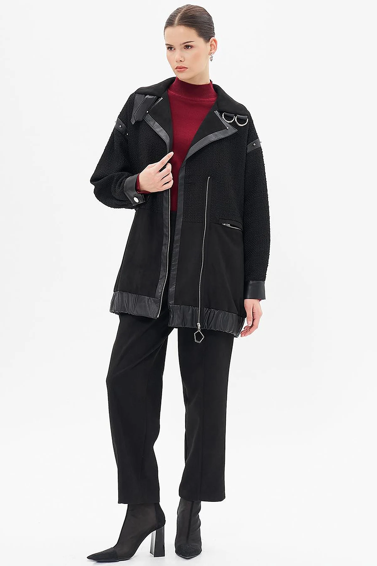 Faux Leather and Suede Mixed Jacket Black