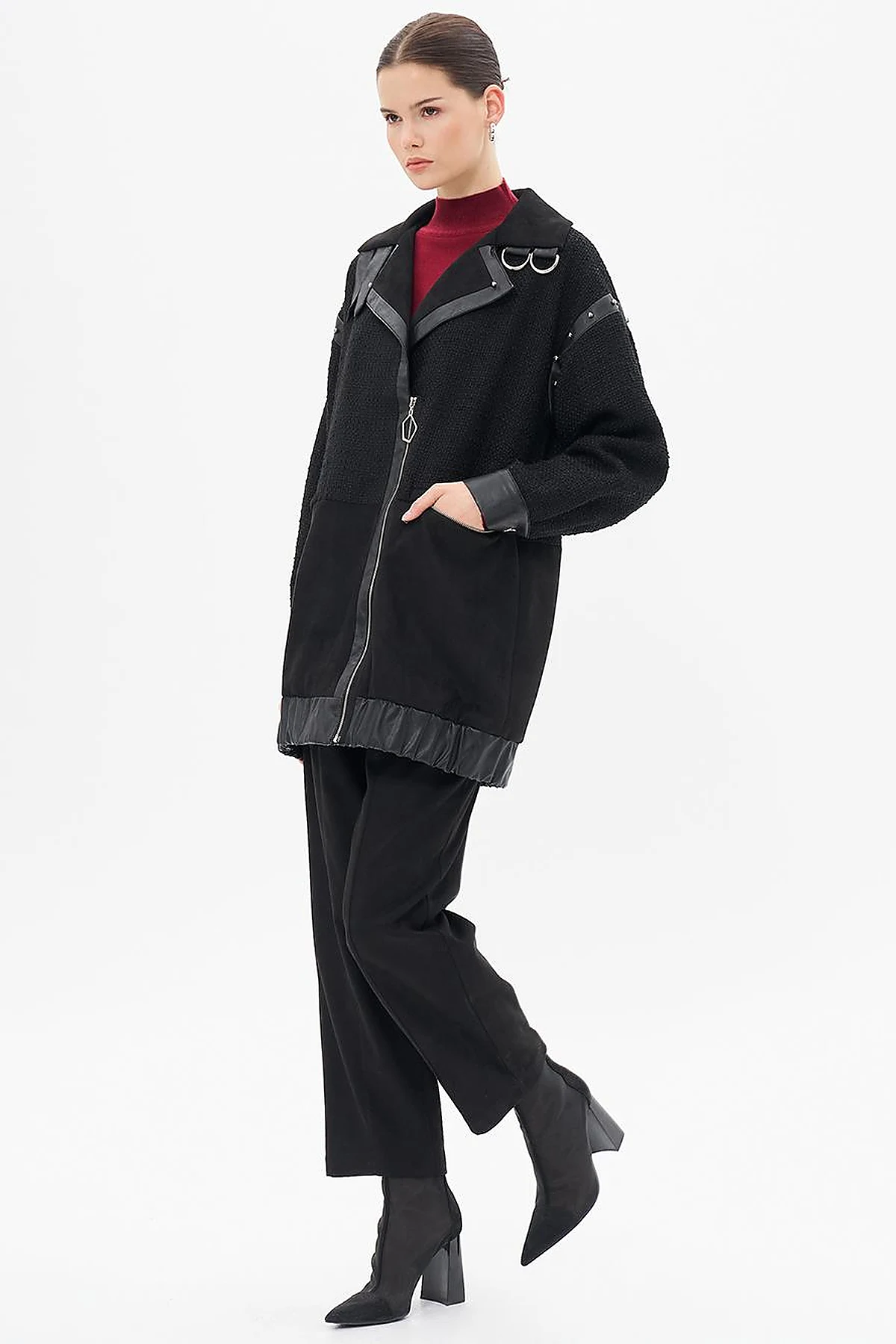 Faux Leather and Suede Mixed Jacket Black