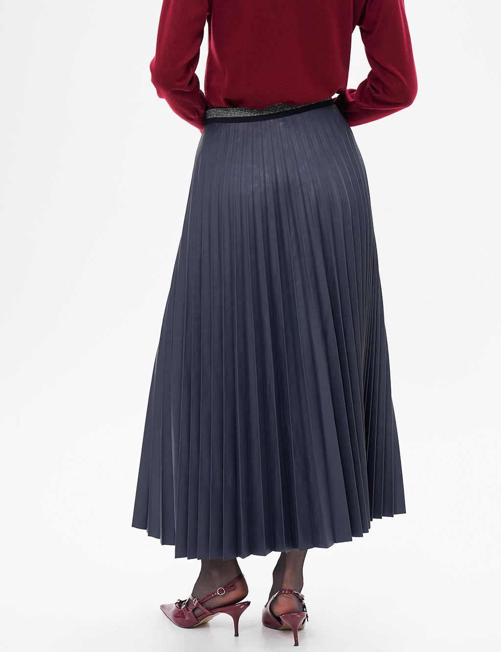 Elasticated Pleated Faux Leather Skirt Dark Navy Blue