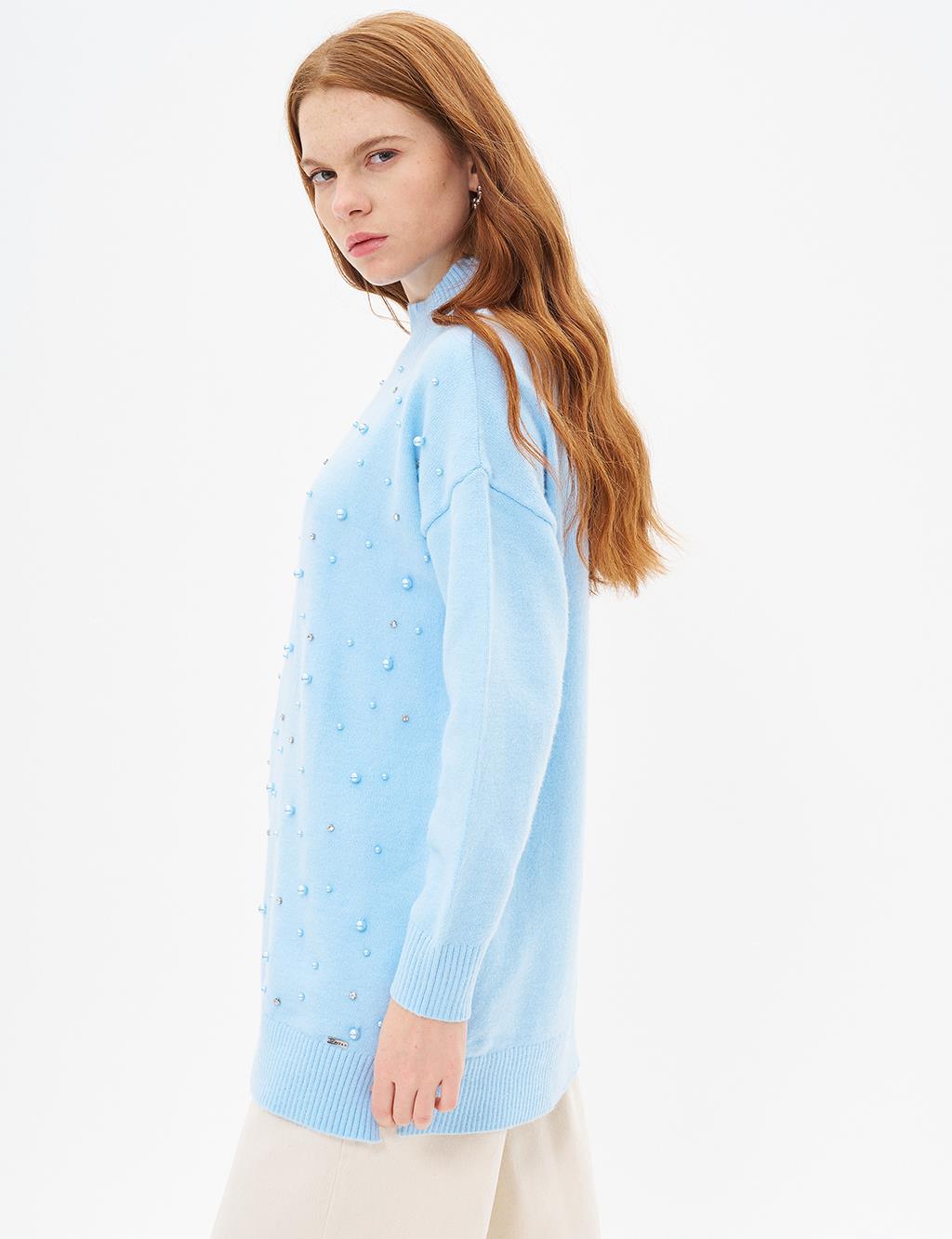 Pearl Embroidered Knitwear Tunic Crown Blue
